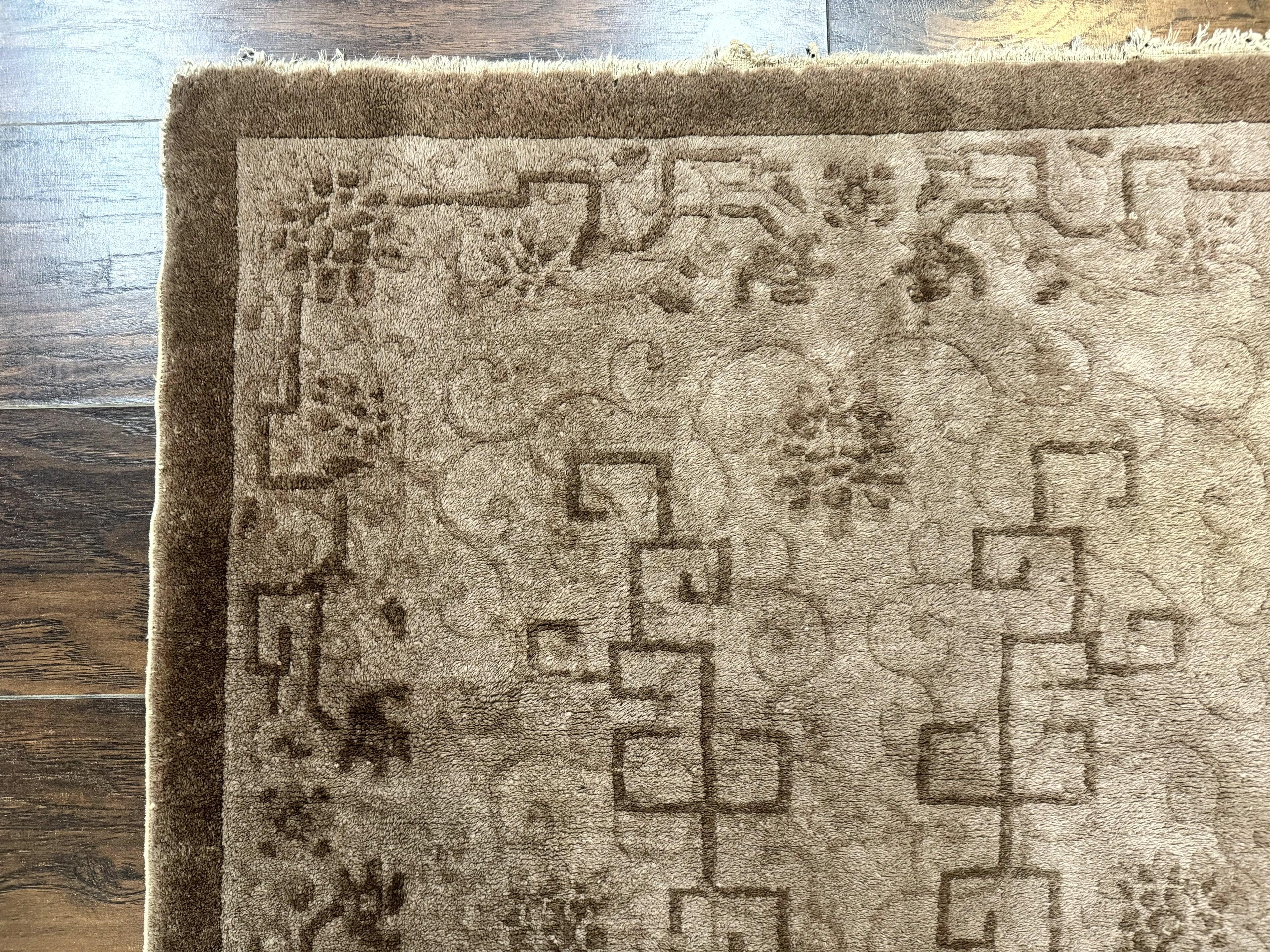 Antique Chinese Fette Rug 3x6, Taupe, Handmade Wool Chinese Carpet