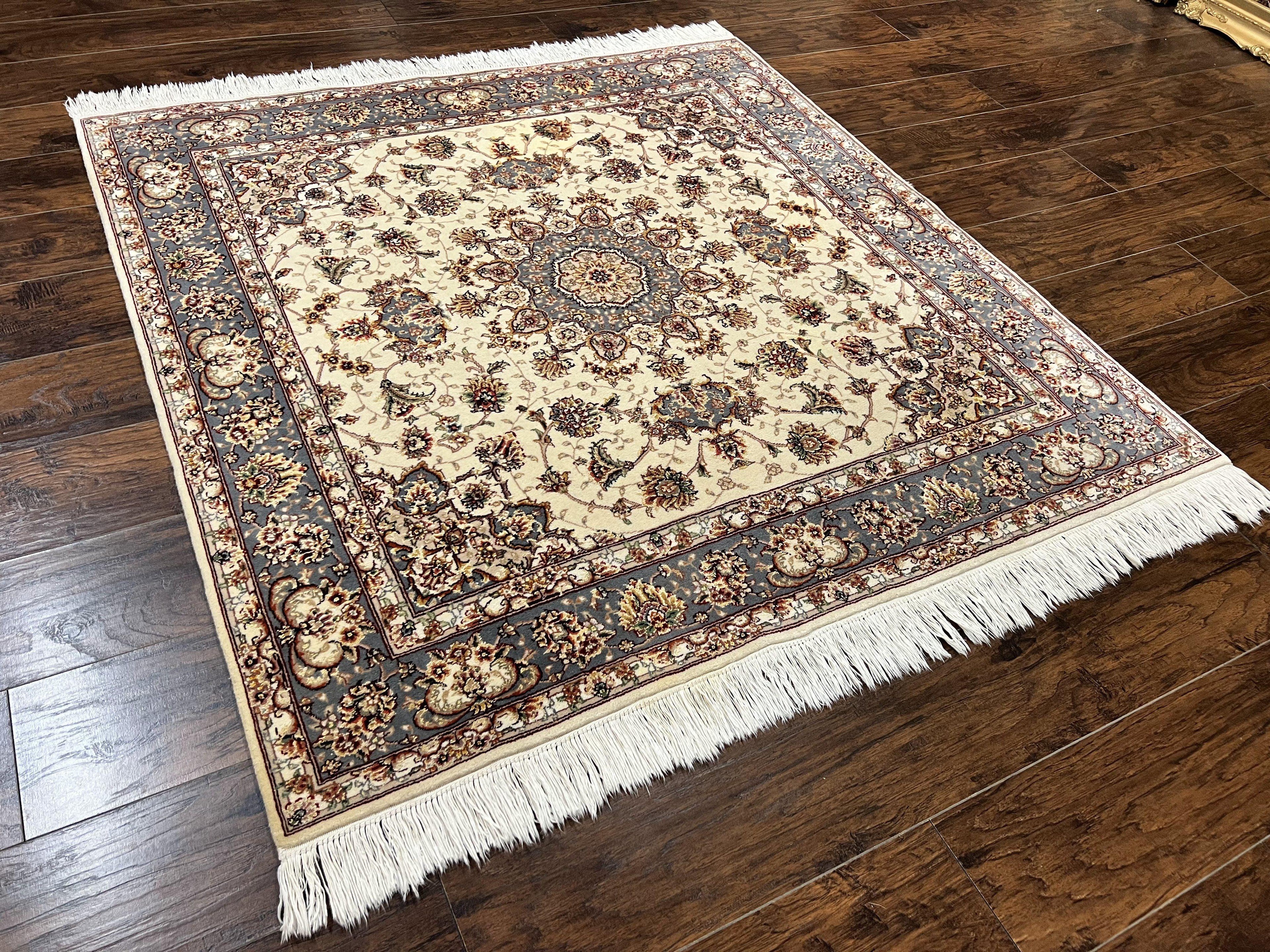 Sino Persian Square Rug 5x5, Very Fine Oriental Carpet, Wool & Silk Highlights, Ivory, Hand Knotted Handmade Vintage Traditional Rug