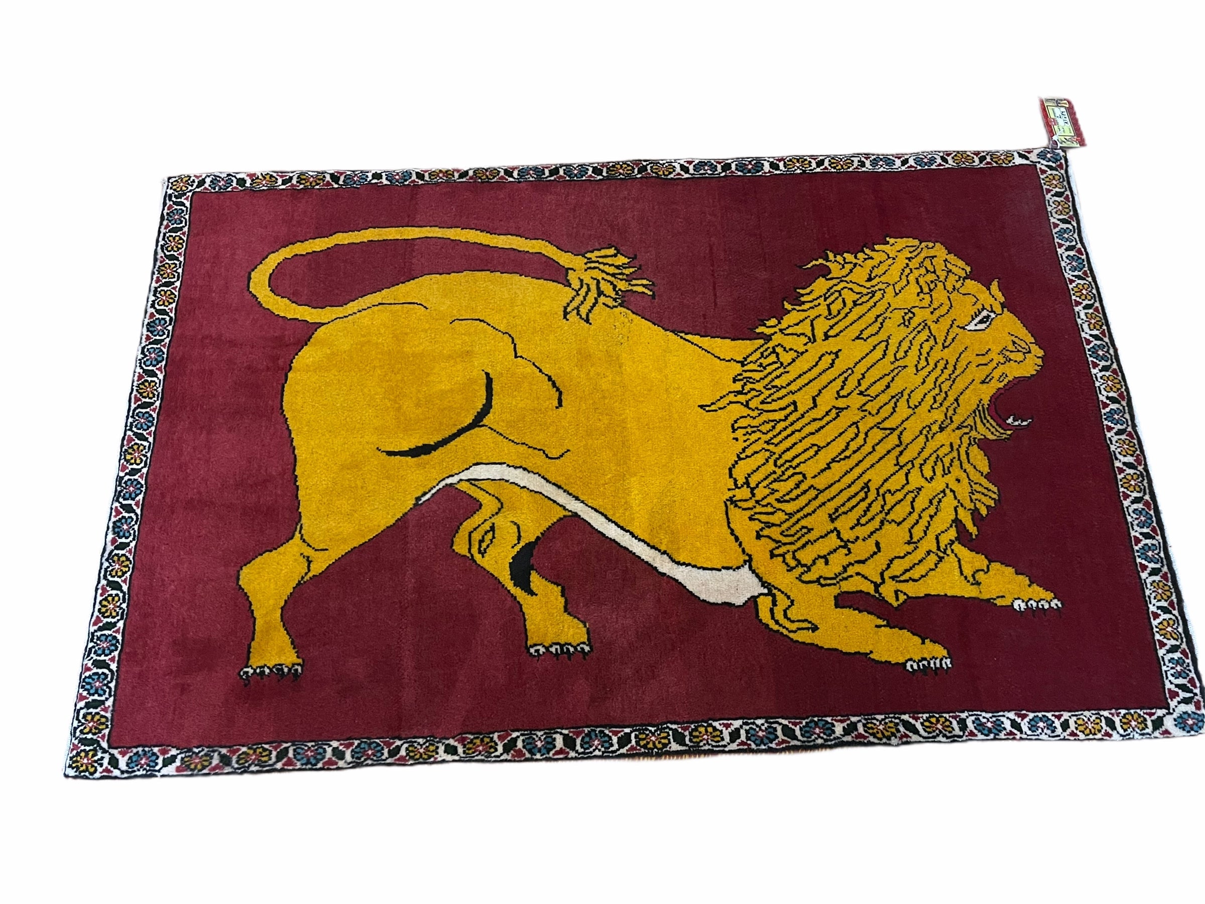 Persian Gabbeh Rug 3x4, Lion Pictorial, Red