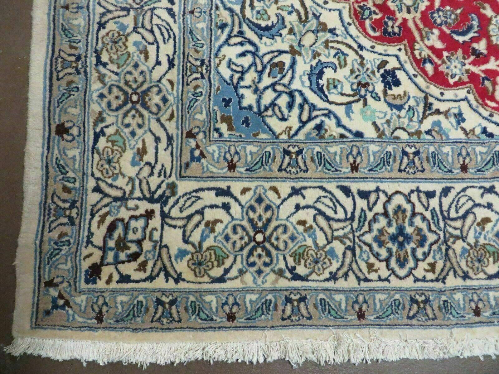 Square Persian Nain Rug 6'3" x 6' 8", Hand-Knotted, Wool with Silk Accents, Ivory Red Blue