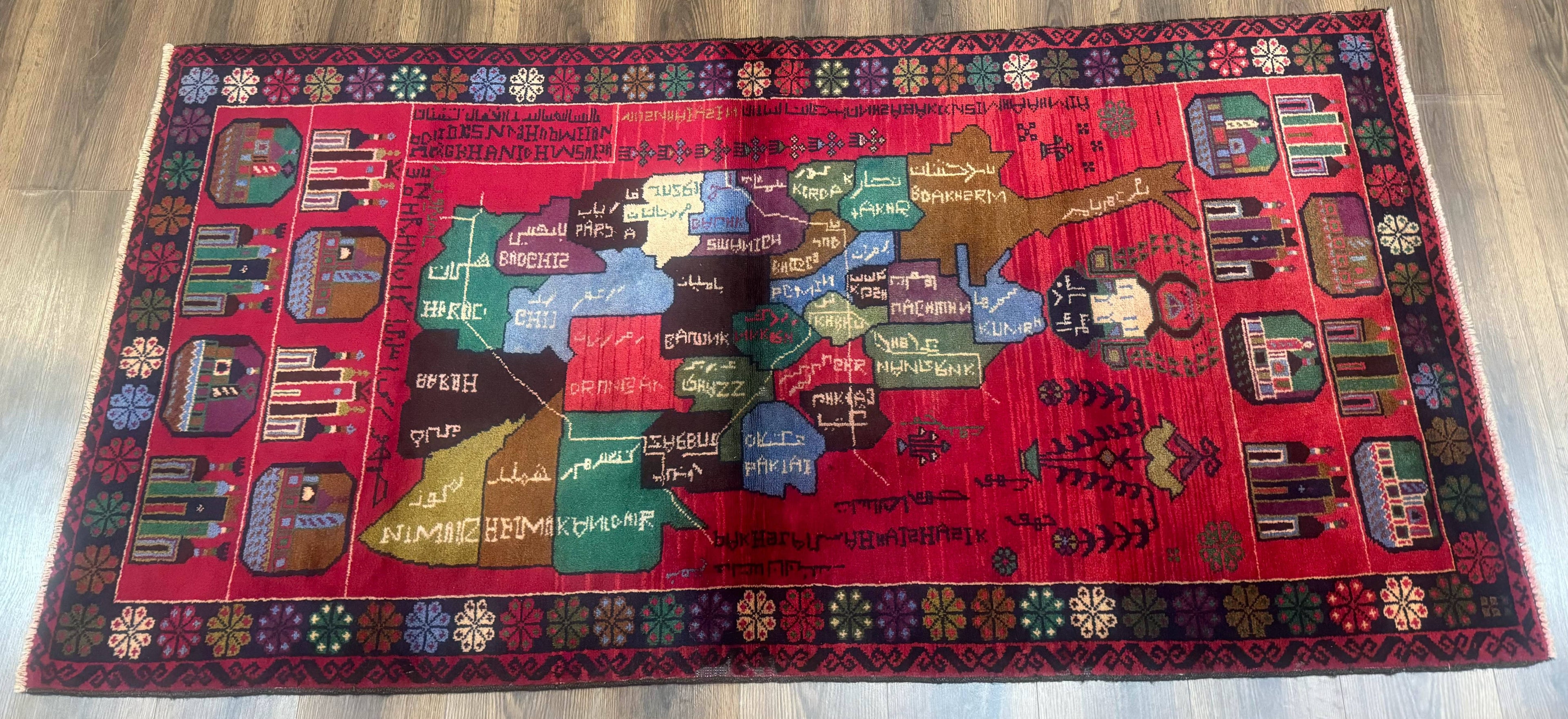 Afghan Rug 3x7, Map of Afghanistan, War Rug, Tribal Rug, Balouch Rug, New, Red