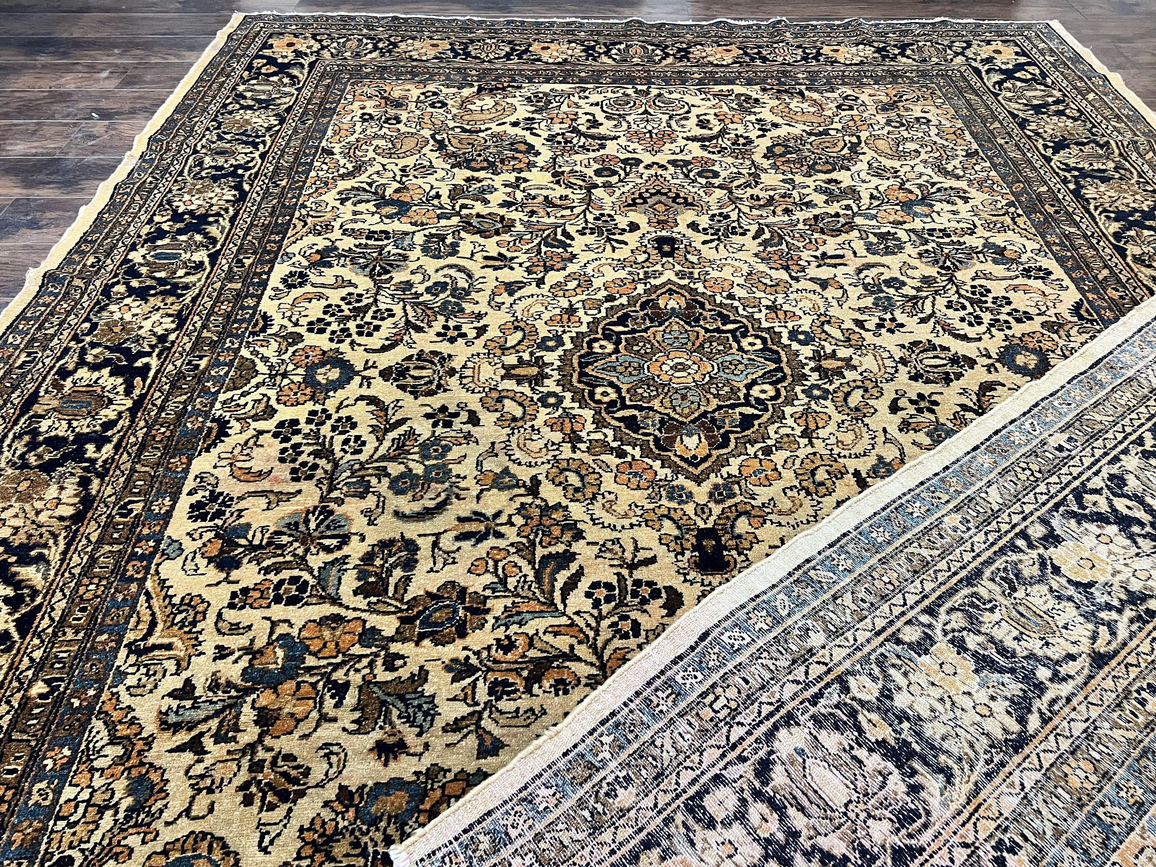 Antique Persian Rug 9x11, Wool Handmade 1920s Oriental Carpet, Persian Hamadan Anjelas Rug, Cream Black, Floral Allover Oriental Rug 9 x 11 Room Sized Rug