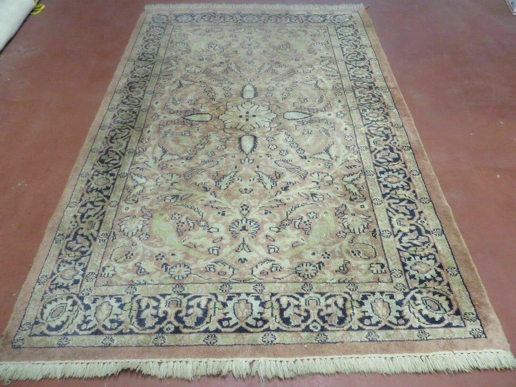 Indian Silk Rug 4x6, Indian Kashmiri Silk Carpet 4 x 6 ft, Vintage Hand Knotted Floral Bird Motifs, Light Pink and Navy Blue, Silk on Cotton