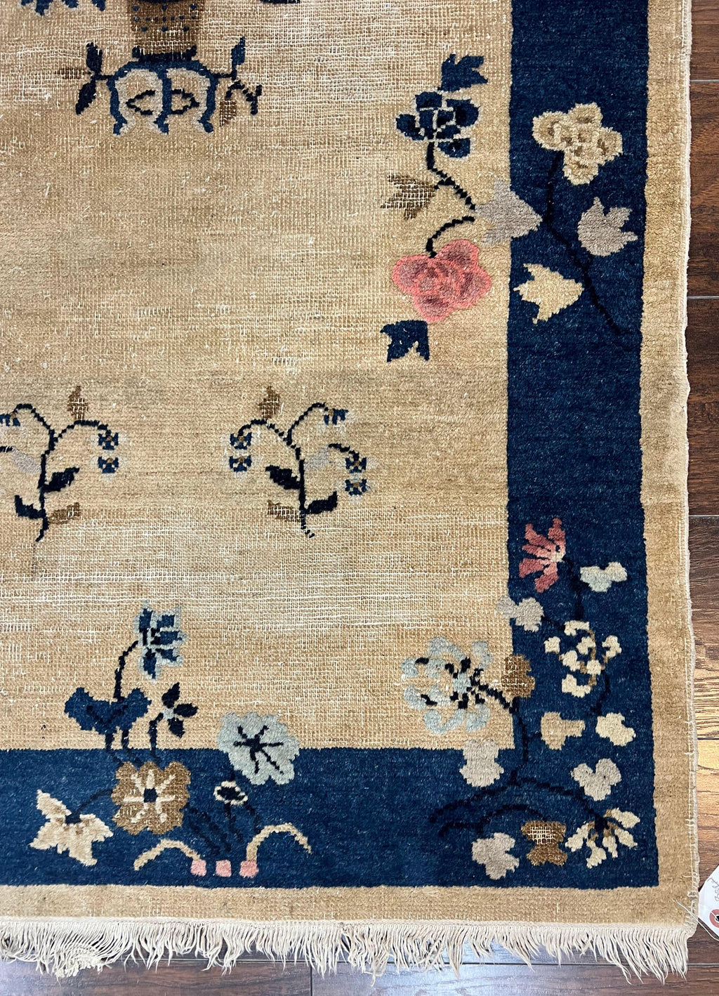 Antique Chinese Peking Rug 3x6, Beige and Dark Blue Hand Knotted Handmade Asian Oriental Carpet, Floral Vases, Vintage Wool Art Deco Rug