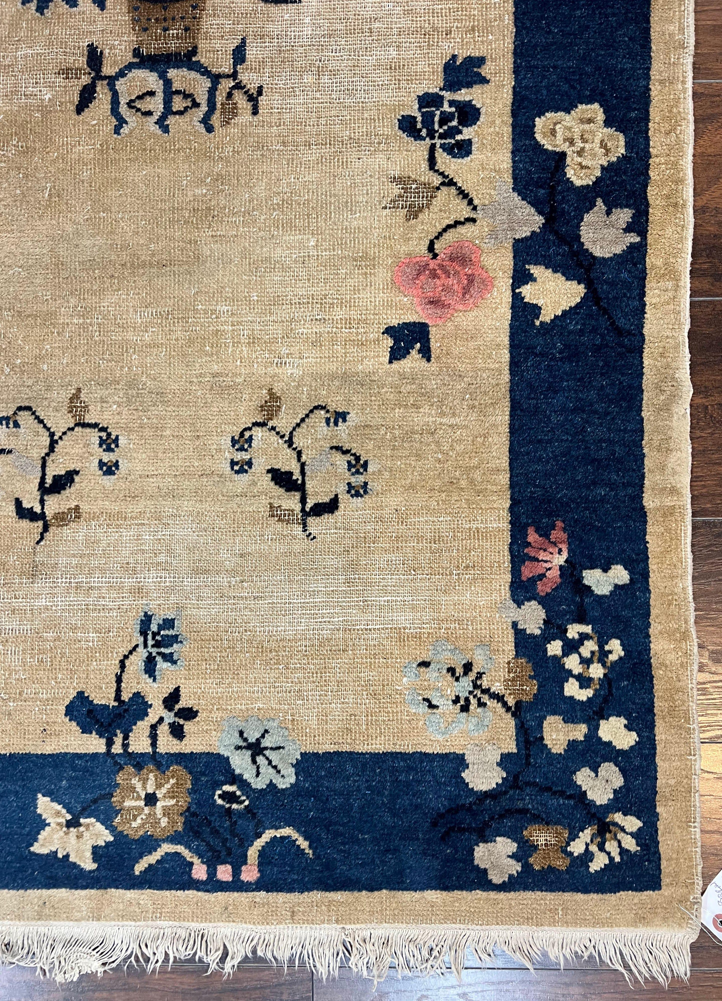Antique Chinese Peking Rug 3x6, Beige and Dark Blue Hand Knotted Handmade Asian Oriental Carpet, Floral Vases, Vintage Wool Art Deco Rug