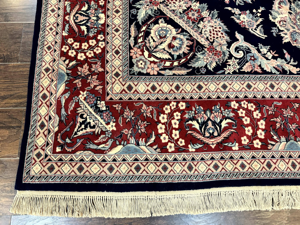 Sino Persian Rug 8x10, Floral Kirman Carpet, Navy Blue and Red, Floral Vases, Handmade Vintage Wool Carpet, 320 KPSI