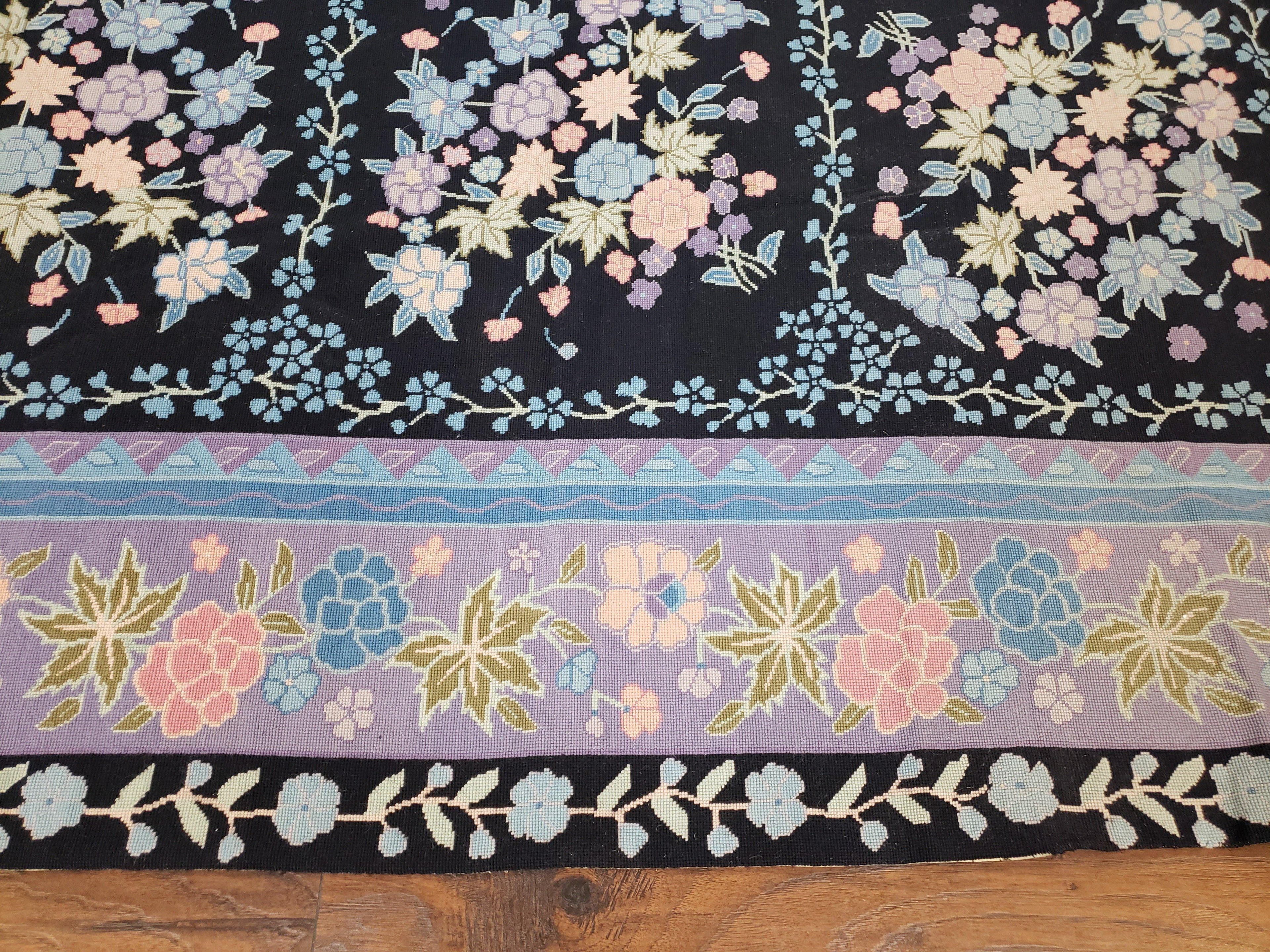 Chinese Needlepoint Rug 8 x 11.4, Hand-Woven Area Carpet, Flatweave Rug, Black Blue Light Violet Floral Garden European Design Wool Aubusson