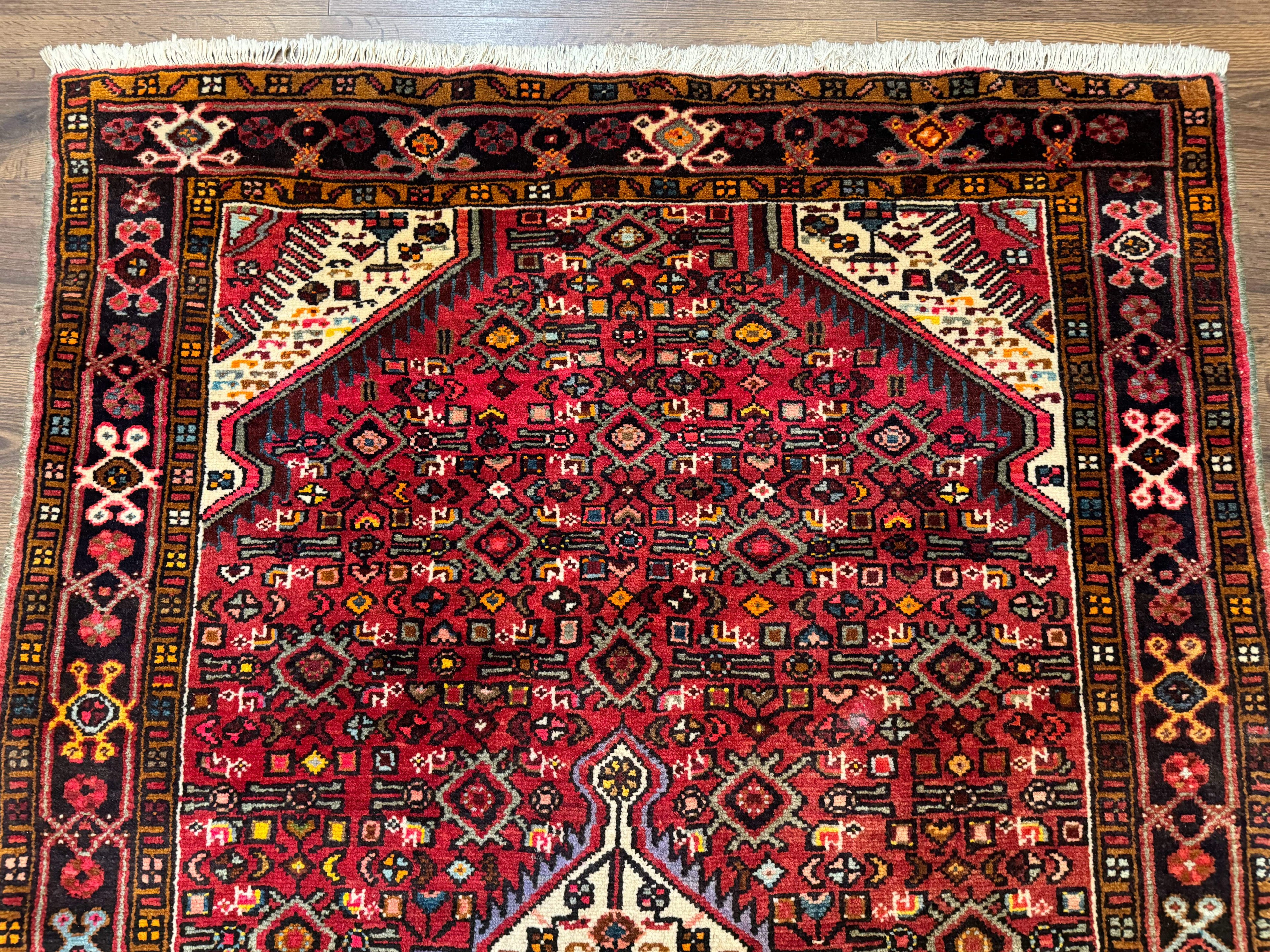 Persian Hamadan Rug 4x7, Tribal Village Malayer Carpet, Red and Ivory, Bohemian Antique