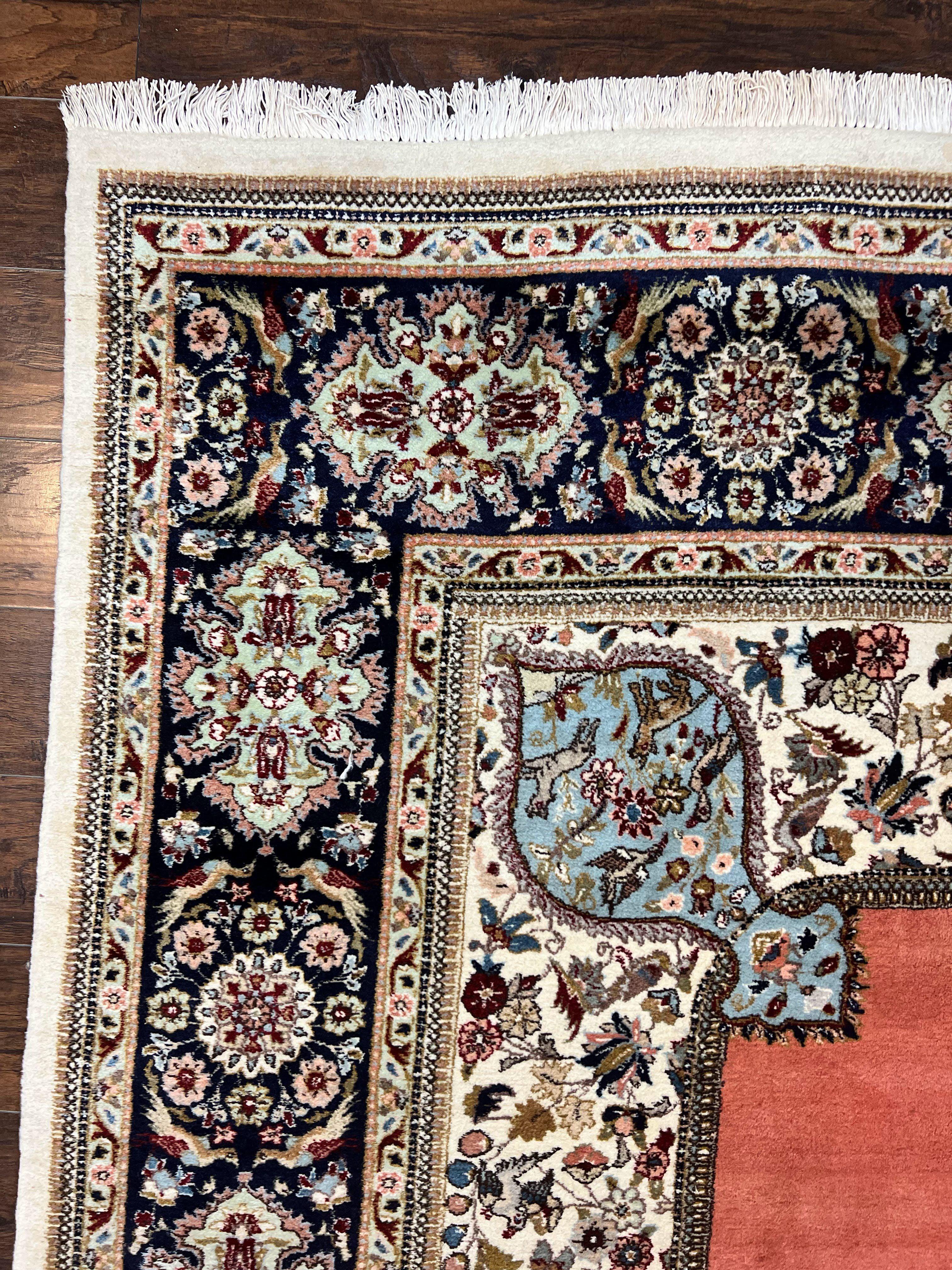 Persian Tabriz Rug 10x13, Wool Hand Knotted Vintage Carpet, Salmon Red & Ivory, Semi Open Field, Birds & Animal Motifs, Large Rug