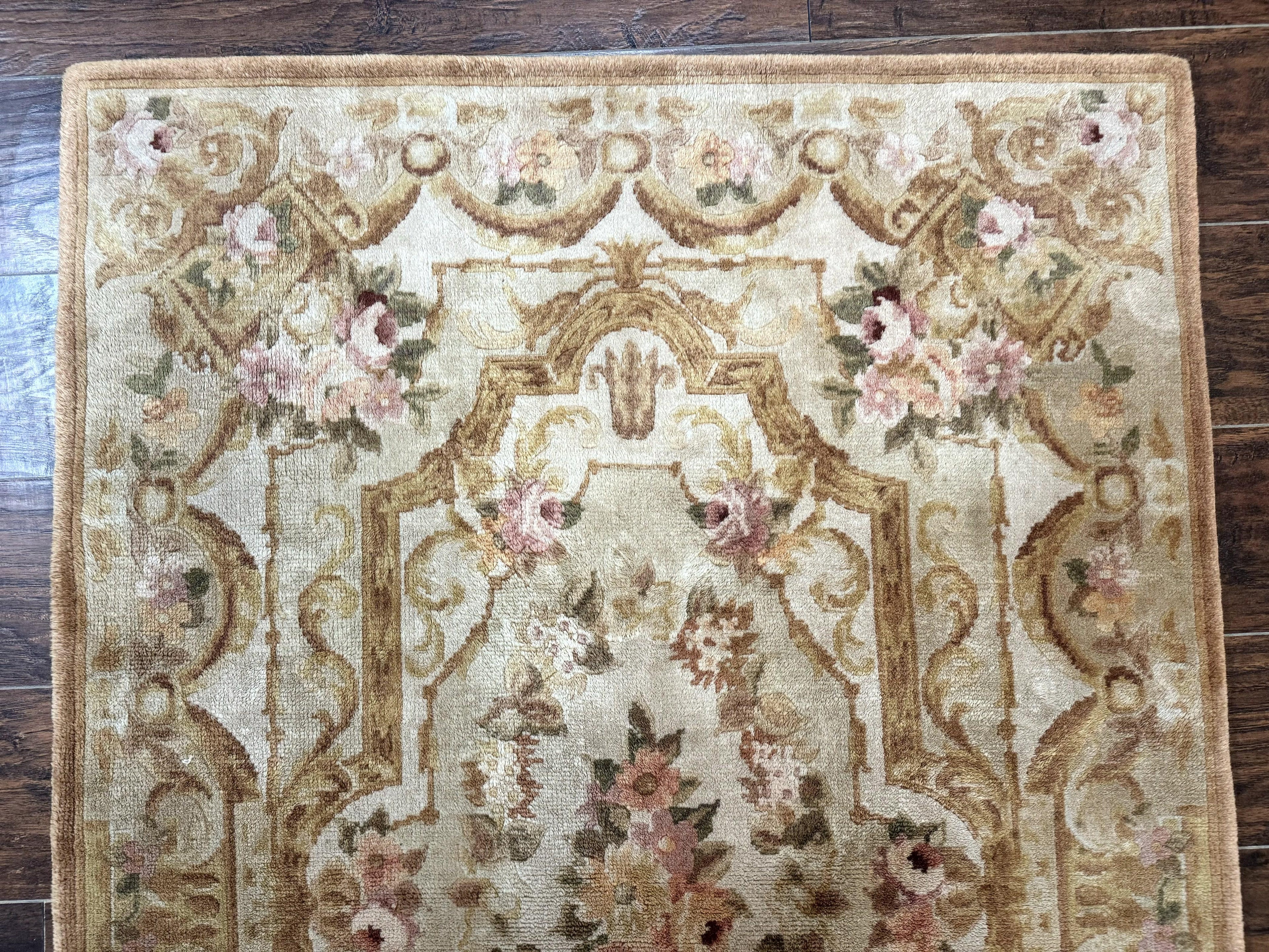 Chinese Aubusson Rug 3.6 x 5, Beige and Gold, Handmade Vintage Elegant European Design Carpet, Plush Wool, Handmade