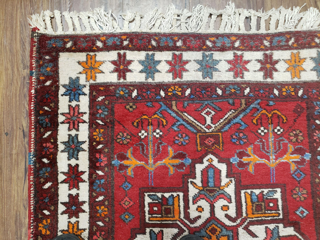 Antique Persian Heriz Karajeh Runner Rug 3x11, Hand-Knotted Red Geometric Medallions