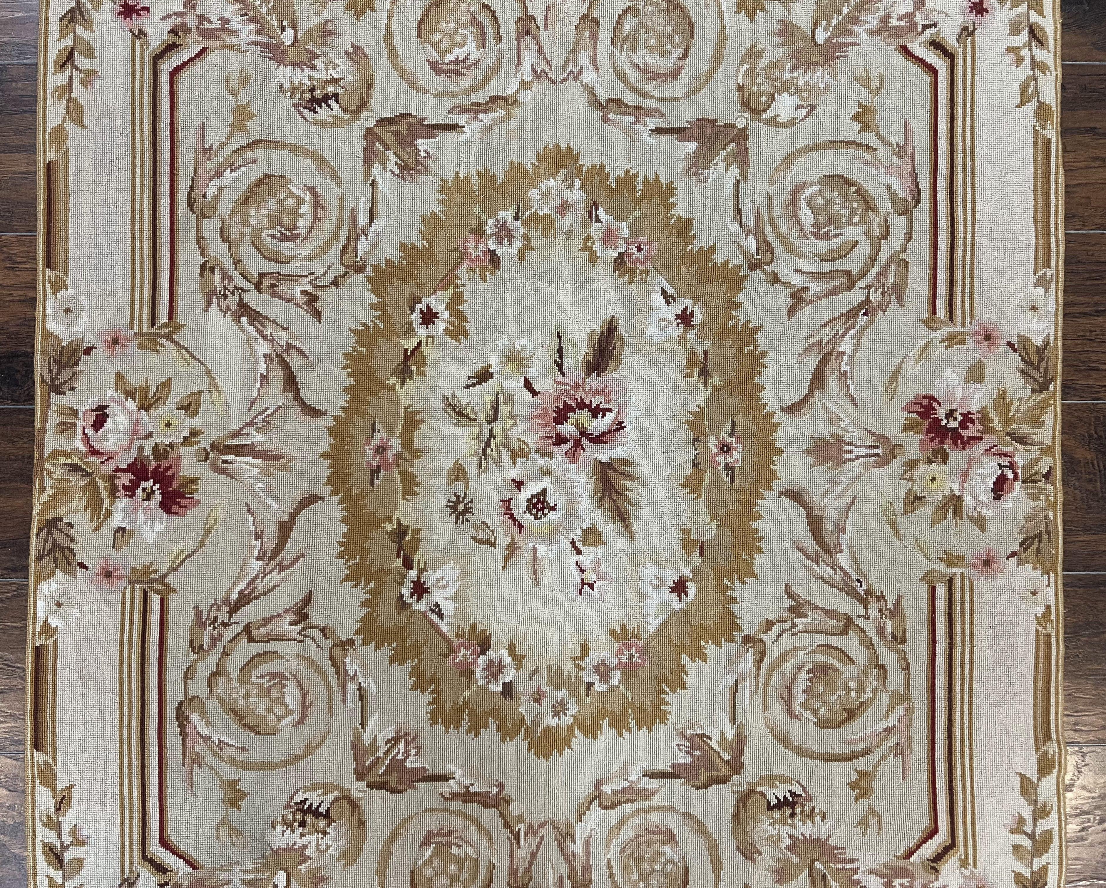 Aubusson Needlepoint Rug 4x5 ft, Beige and Tan, Aubusson Savonnerie Vintage Carpet, Handwoven Handmade Wool Rug, European Design Floral Rose