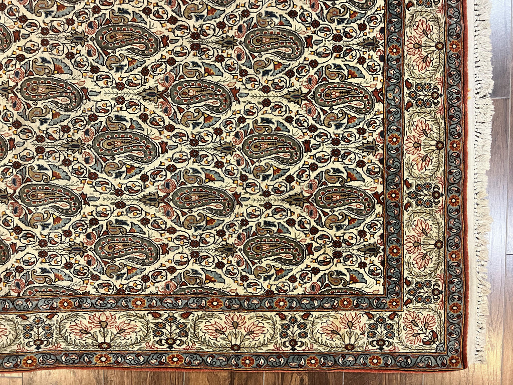 Persian Qum Rug 5x6, Cream Wool Hand Knotted Carpet, Repeated Boteh Paisely Design, Semi Antique Vintage Rug, Very Fine Weave 5 x 6 Rug