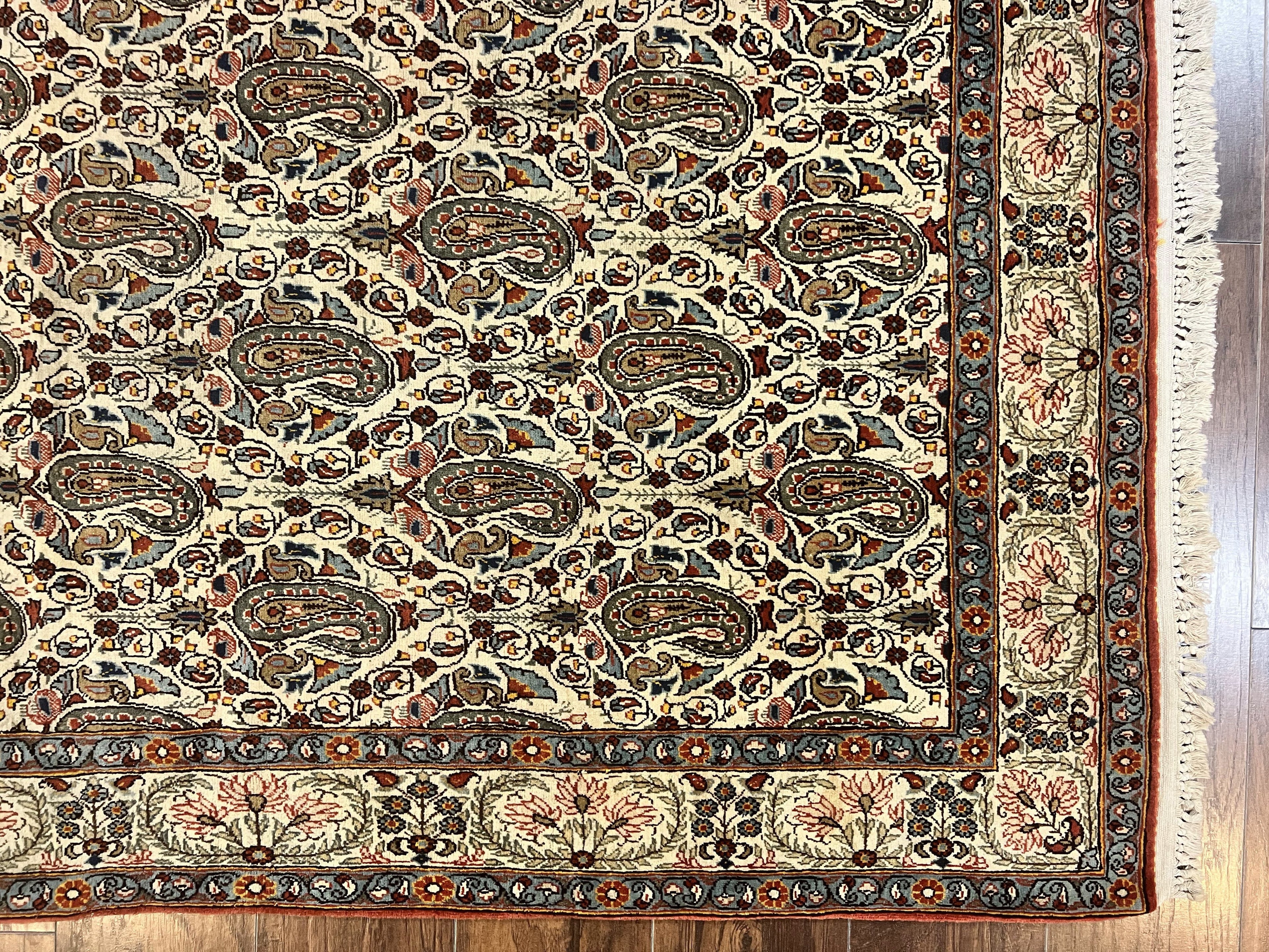 Persian Qum Rug 5x6, Cream Wool Hand Knotted Carpet, Repeated Boteh Paisely Design, Semi Antique Vintage Rug, Very Fine Weave 5 x 6 Rug