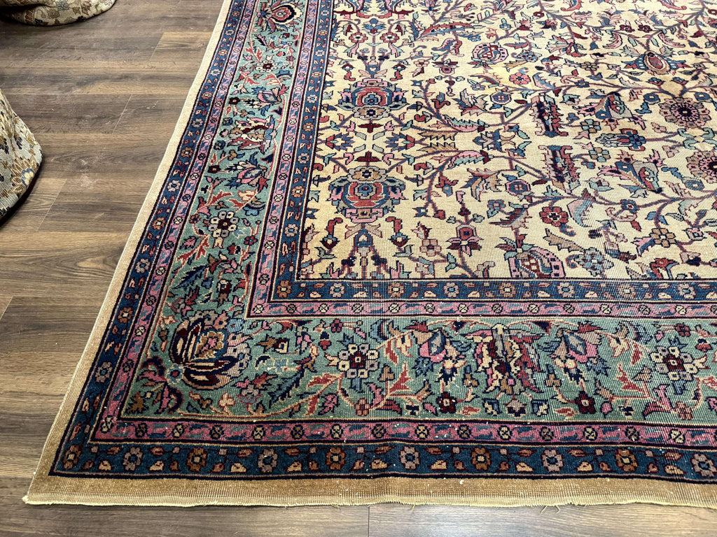 Antique Persian Rug 10x15, Camel and Cyan, Allover Pattern, Rare, Samarkand Rug