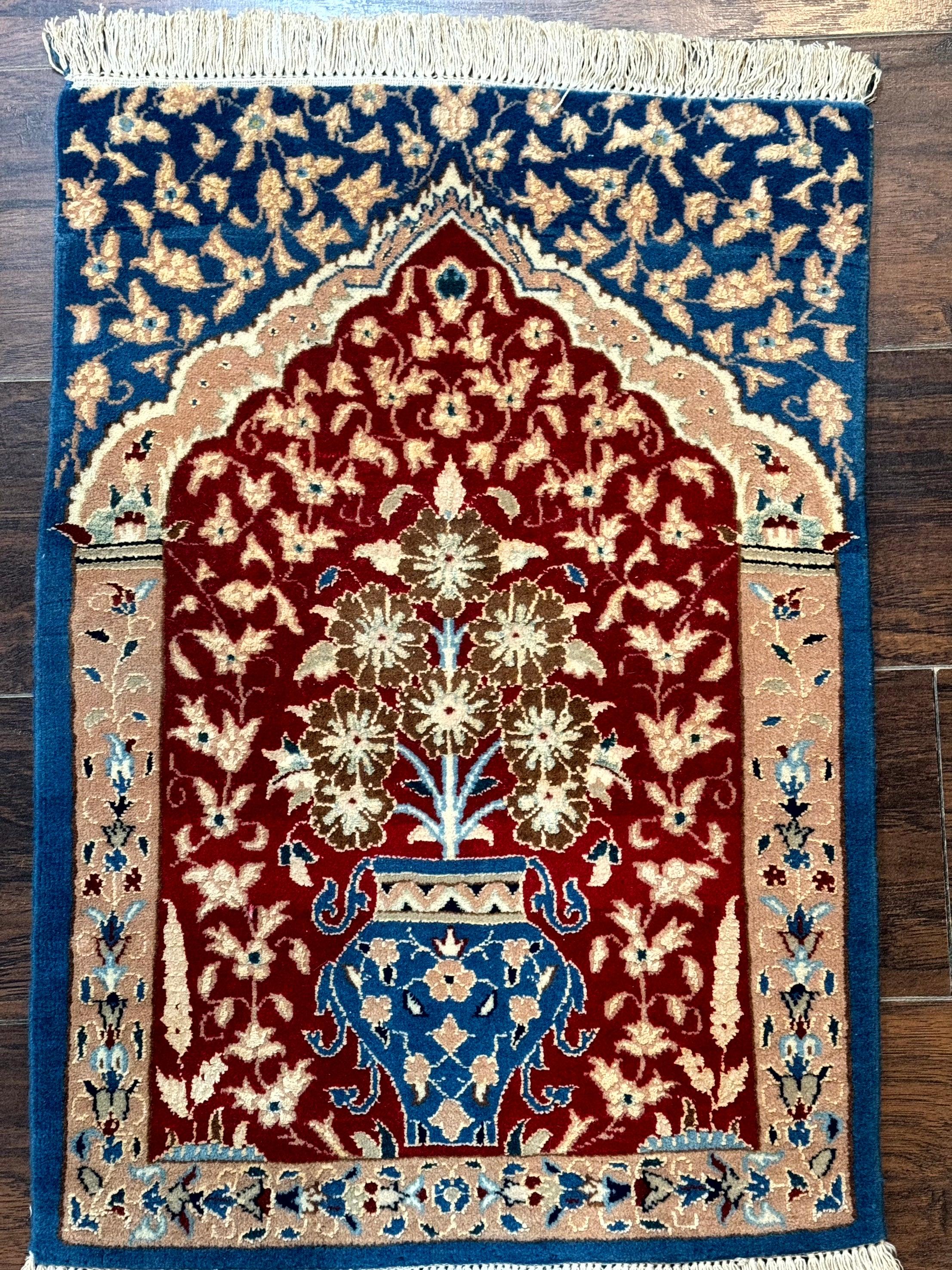 Small Persian Nain Rug, Persian Vase Tree of Life Design, Red and Blue, Very Fine 260 KPSI, Wool and Silk Highlights