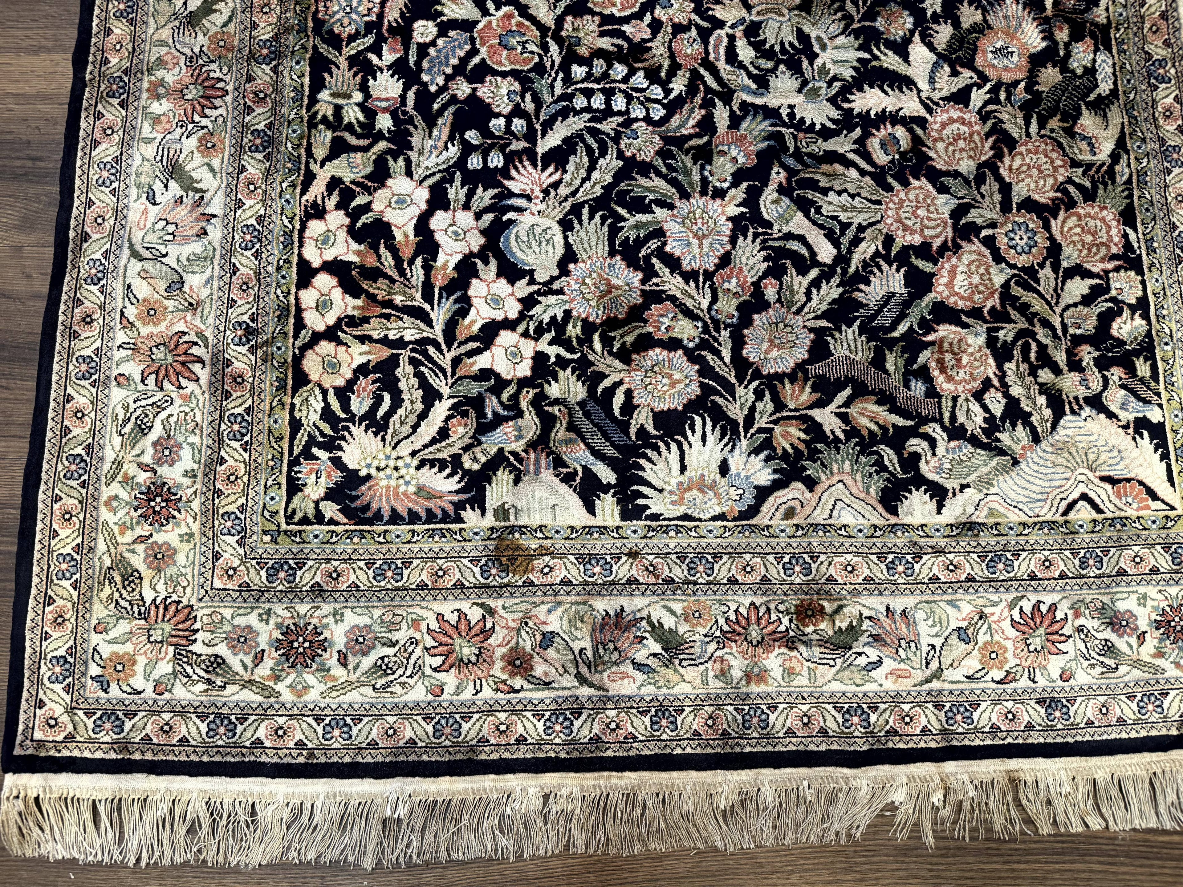Silk Rug 4x6, Black and Cream, Floral & Bird Pictorials, Fine 330 KPSI, Sino Persian Rug
