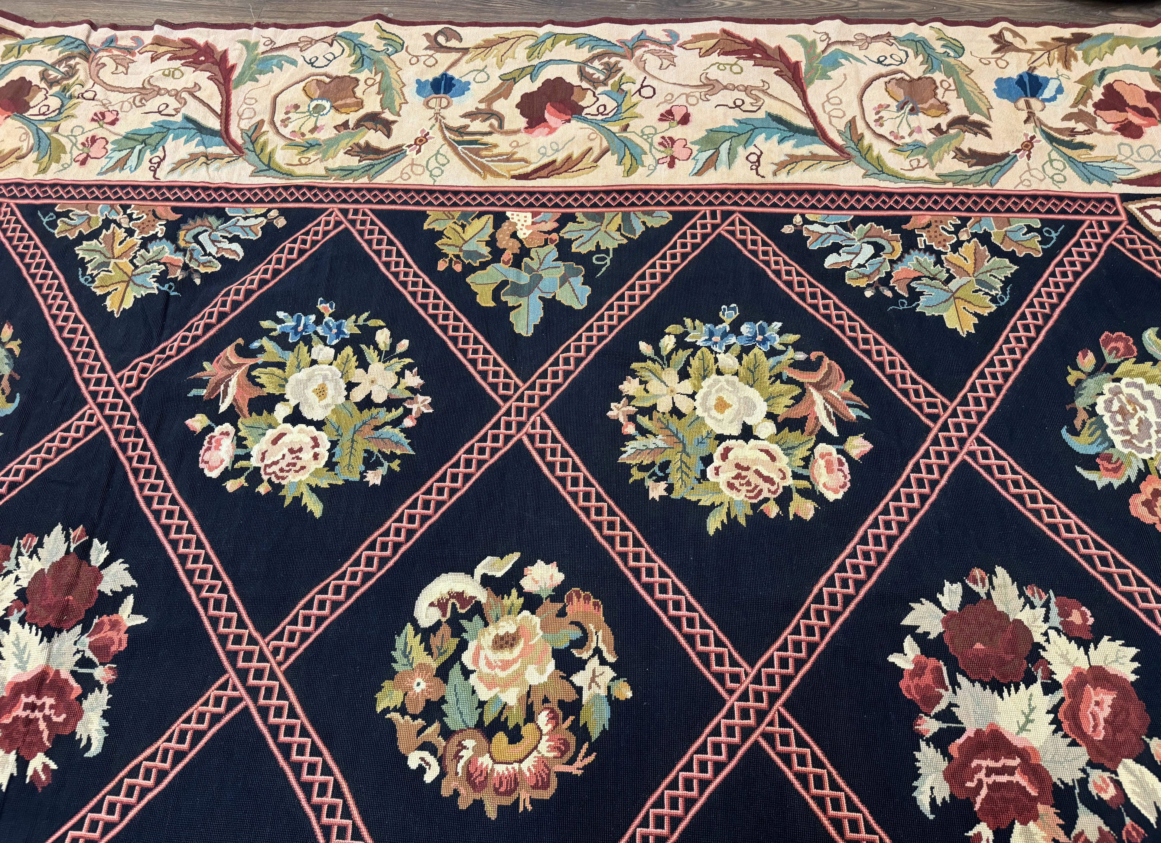 Palace Size Needlepoint Rug 12x20, European French English Aubusson Floral Design, Black and Beige