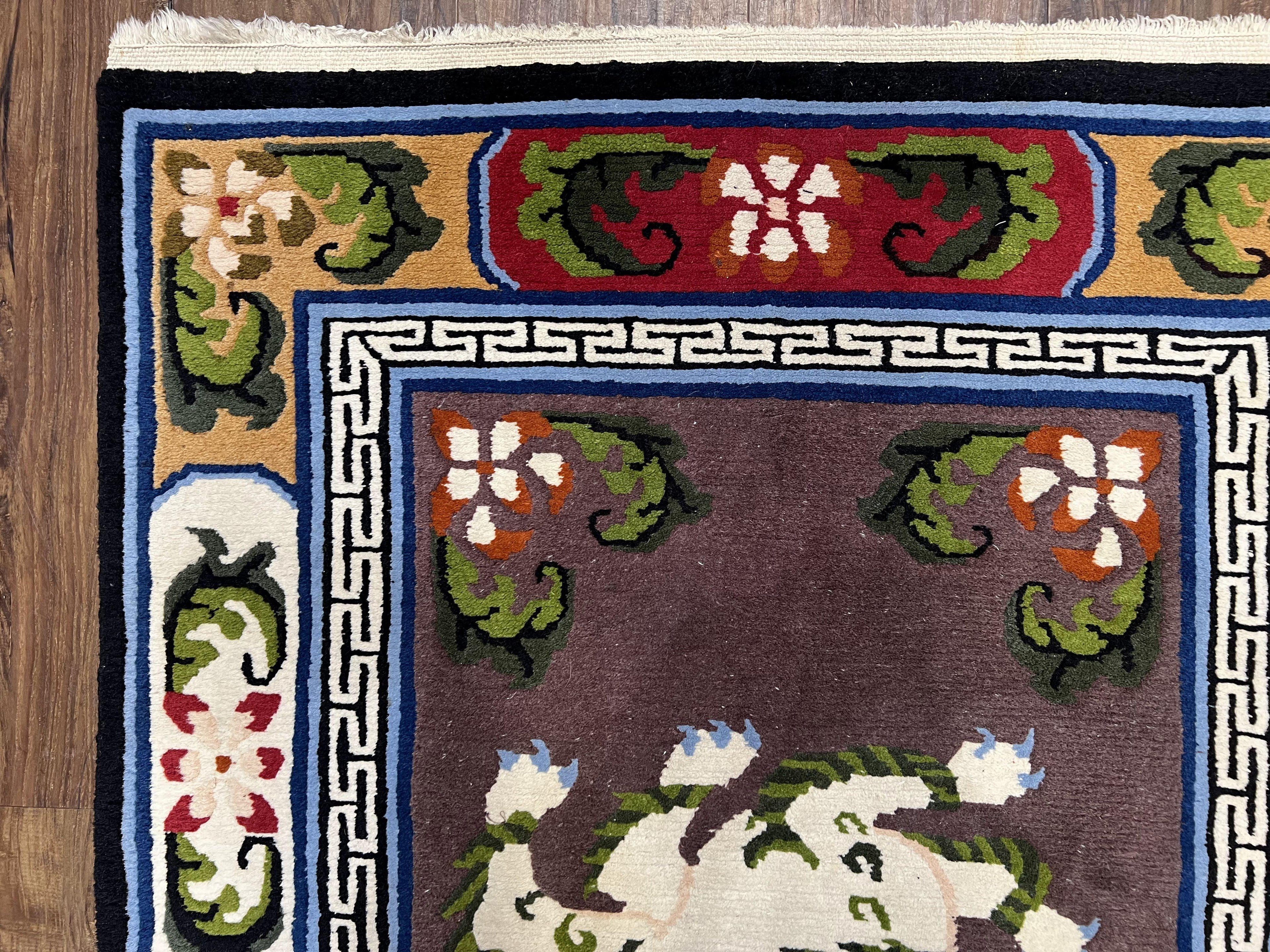 Chinese Art Deco Rug 3 x 5.5 with Animal Pictorials, Vintage Chinese Peking Wool Area Rug, Dark Puce Maroon Ivory, Hand Knotted Soft Carpet