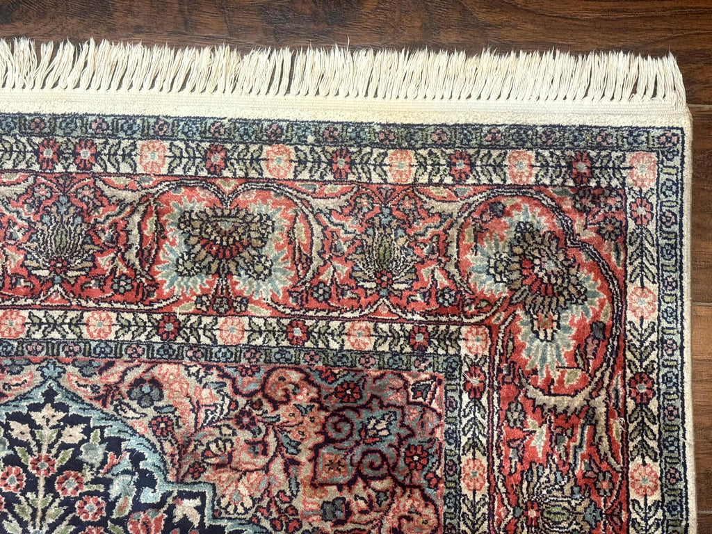 Silk Indian Kashmiri Rug 4x6, Tree of Life Pattern, Birds, Fine 290 KPSI, Navy Blue and Red, Handmade Oriental Carpet