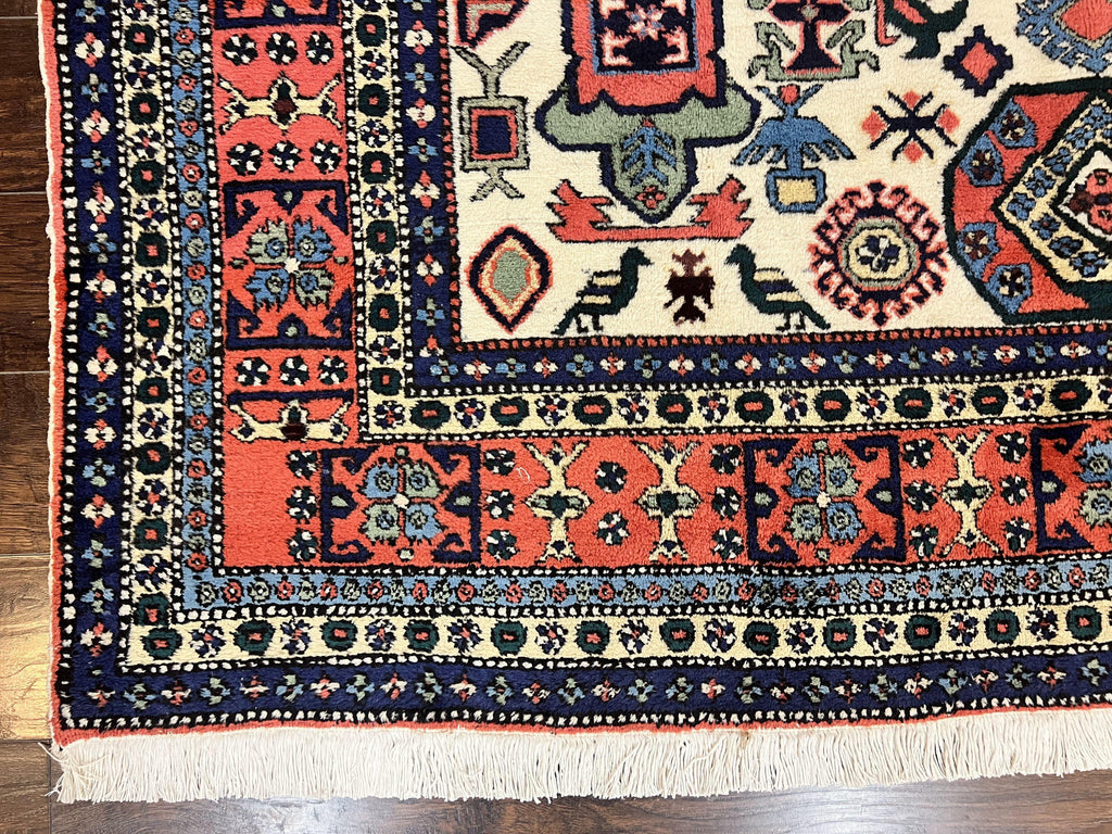 Persian Tribal Rug 8x11, Persian Ardabil Rug, Geometric Medallion Animal Pictorial Rug, Ivory Red Blue, Hand Knotted Vintage Wool Carpet