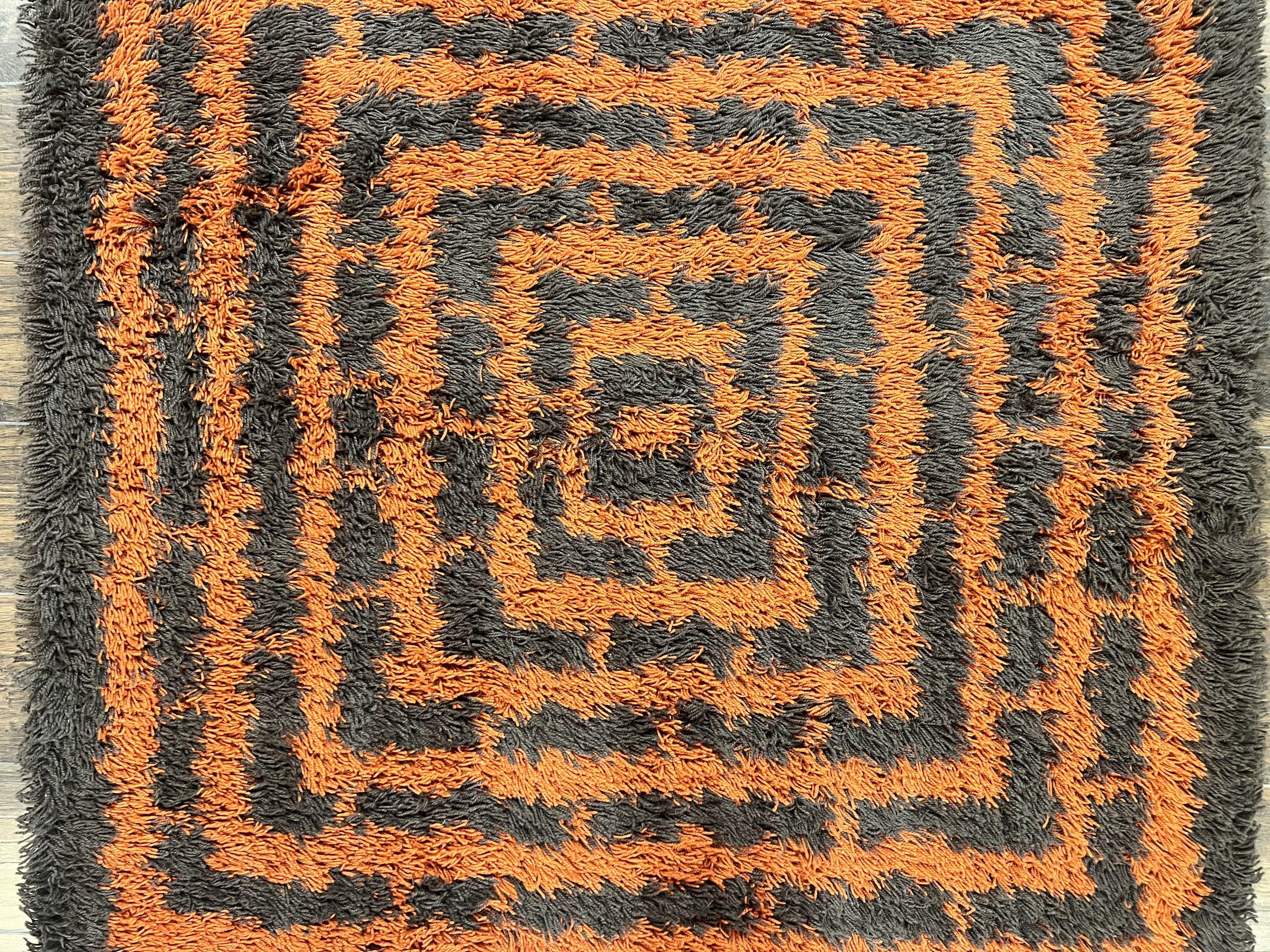 Vintage Rya Shag Rug 4.6 x 6.6, Abstract Design, Brown and Orange, Mid Century Danish Rya Carpet