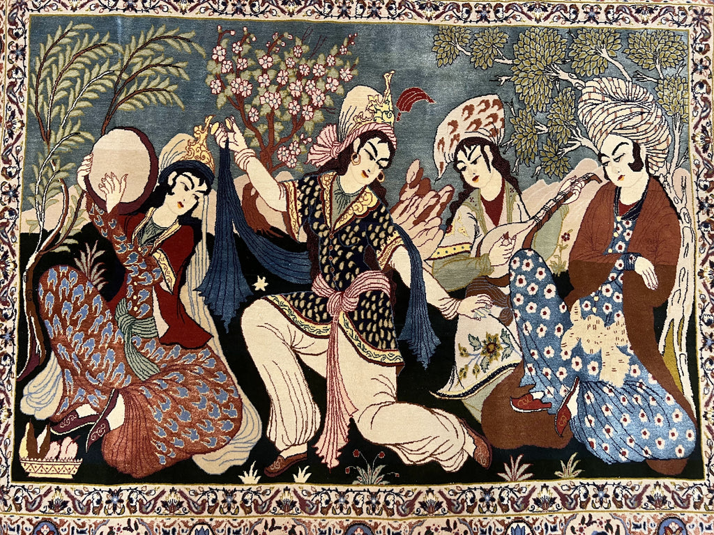 Persian Pictorial Rug 5 x 4 ft, Persian Isfahan Rug, Kork Wool on Silk Foundation, Signature from Master Weaver, Drums and Musical Instruments, Birds, Detailed