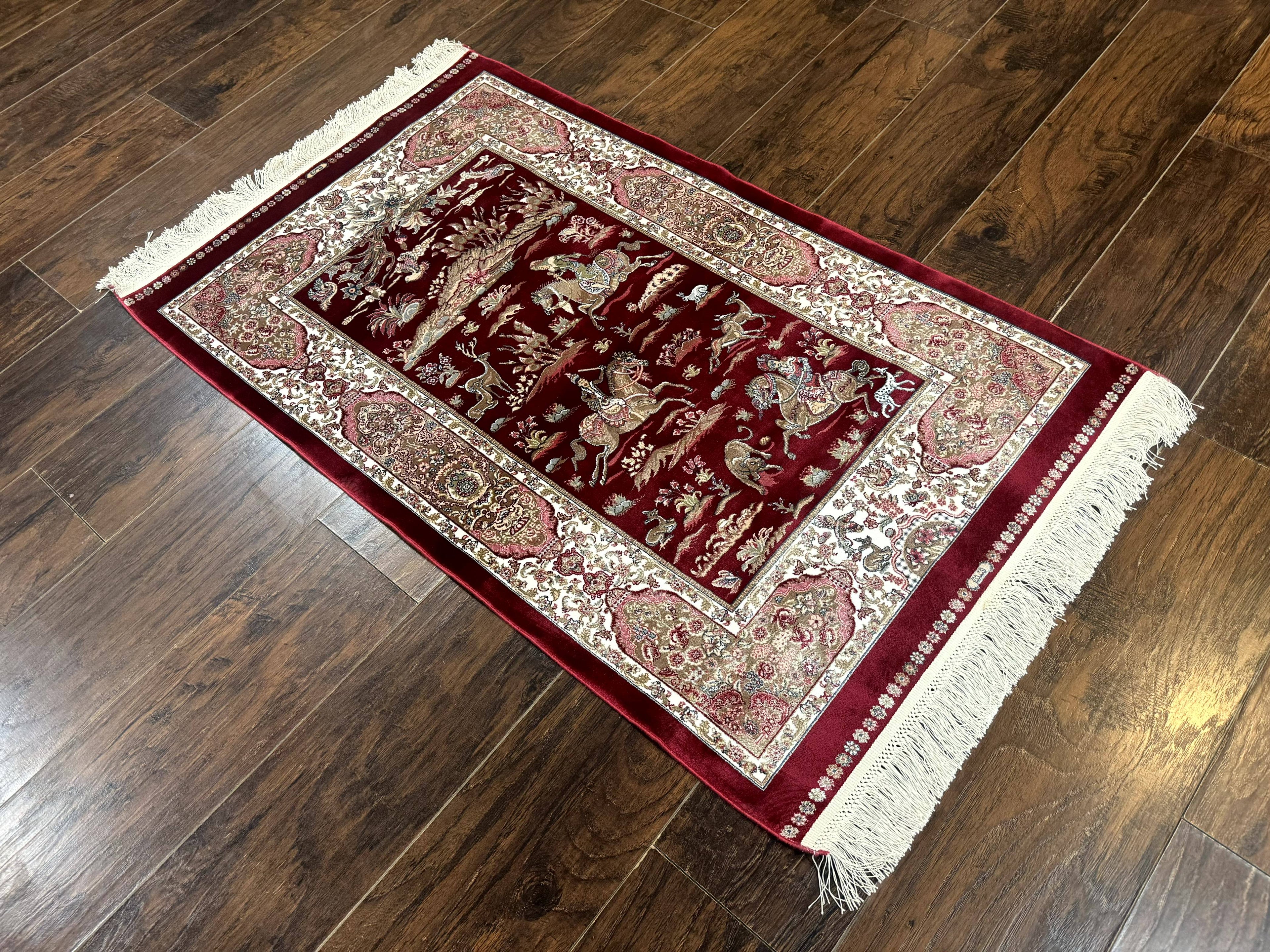 Dark Red Turkish Silk Rug 2.6 x 4, Hunting Design Scene, Bamboo Silk