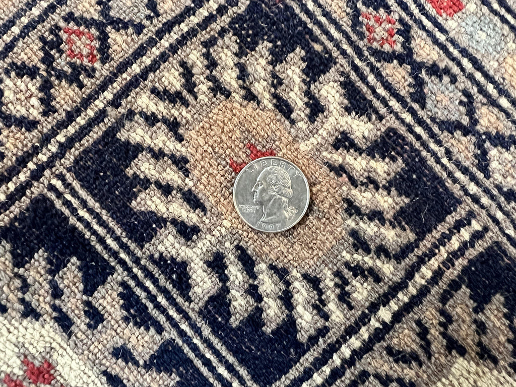 Pakistani Bokhara Rug 8x10, Turkoman Carpet, Dark Blue and Beige, Vintage Handmade Wool Carpet