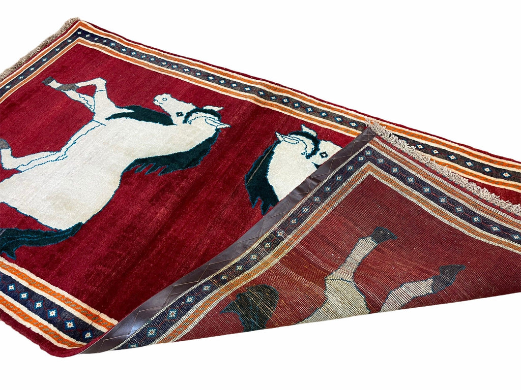 3.5 X 6 Handmade Hand-Knotted New Vintage Rug Quality Wool White Horses Red