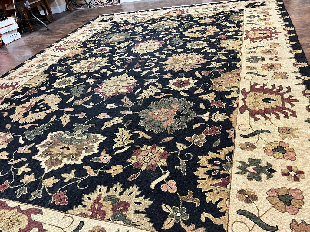 Indo Persian Rug 10x14, Wool Handmade Room Sized Floral Oriental Carpet, Indian Mahal Flatweave Rug, Black Beige