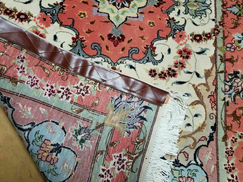 Small Vintage Persian Tabriz Wool and Silk Rug 2.5 x 4 ft, Very Finely Hand Knotted, Medallion, Ivory Salmon Light Blue, Top Quality, Pair A