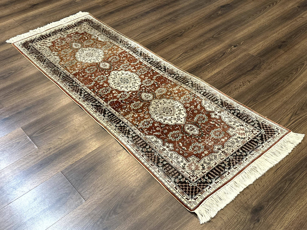 Turkish Silk Narrow Runner Rug 2 x 5.8, Very Fine 340 KPSI, Floral Medallions, Red