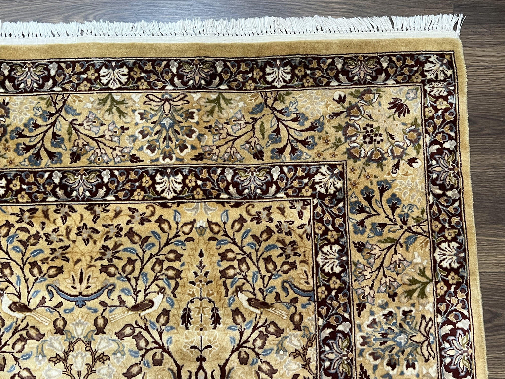 Pretty Indo Persian Rug 6x9, Allover Floral Motif with Birds, Tan/Cream, Very Fine Oriental Carpet, Hand Knotted Vintage Indian Wool Rug
