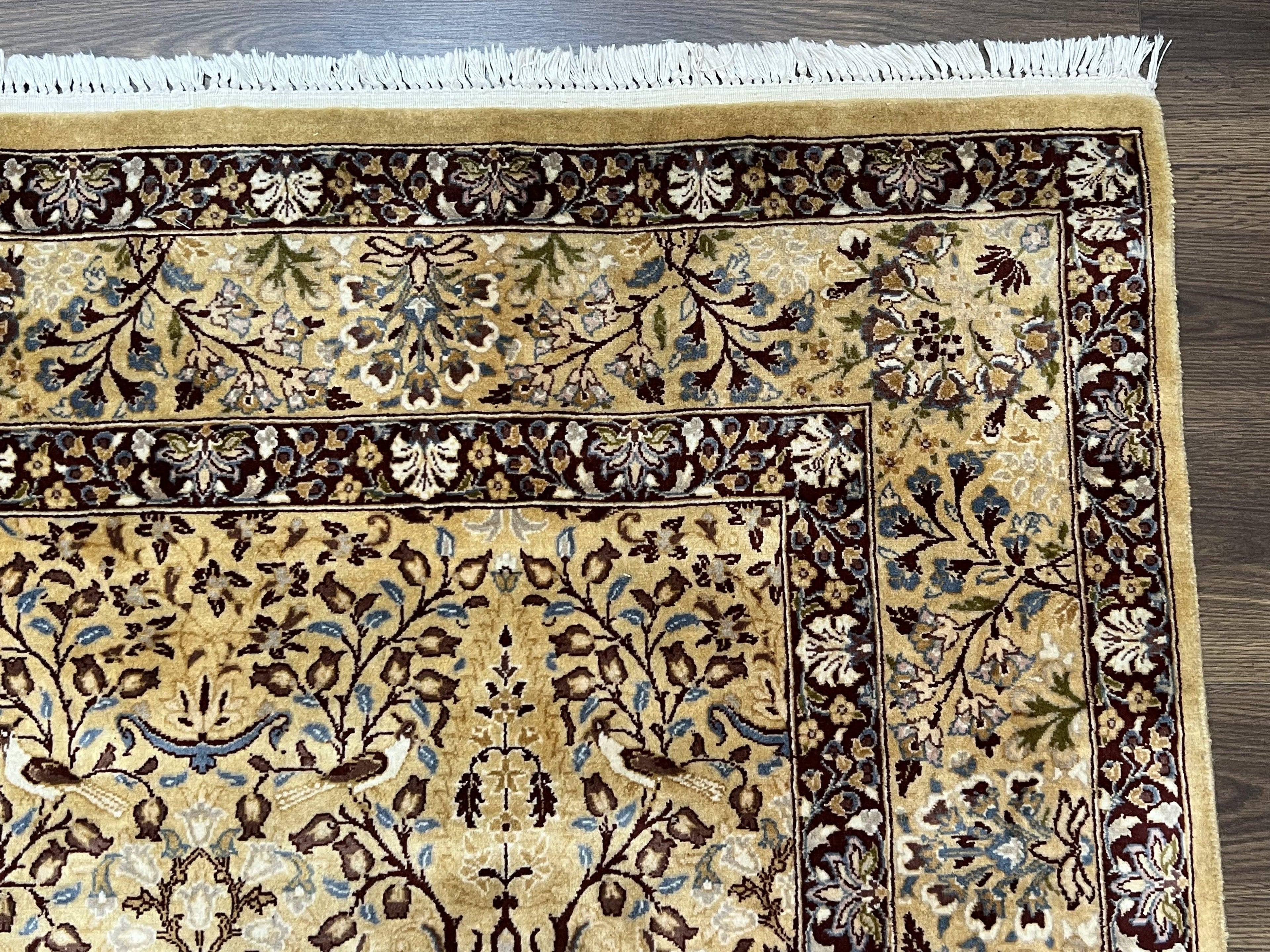 Pretty Indo Persian Rug 6x9, Allover Floral Motif with Birds, Tan/Cream, Very Fine Oriental Carpet, Hand Knotted Vintage Indian Wool Rug