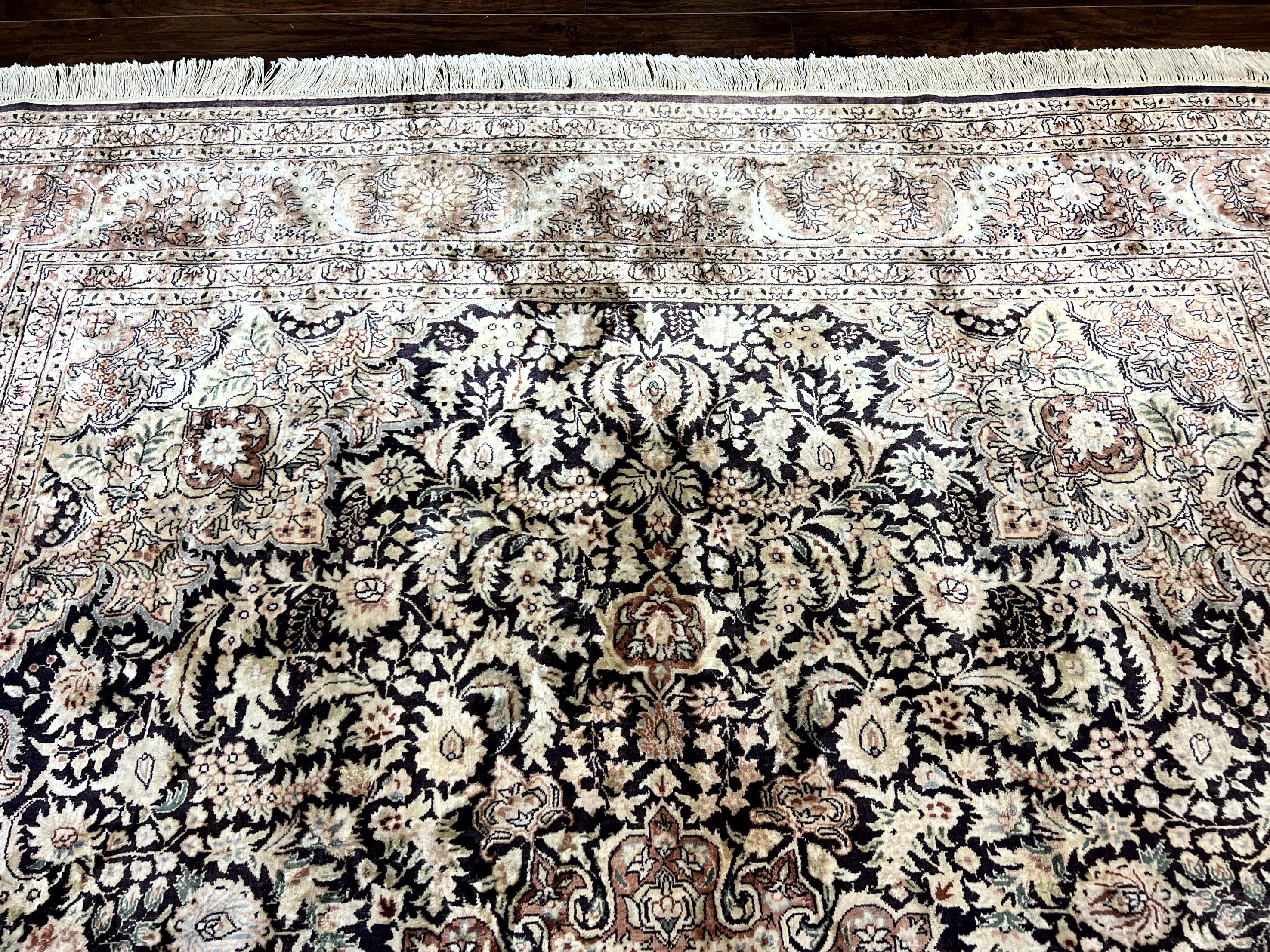 Silk Indian Kashmiri Rug 8x10, Floral Medallion, Indo Persian Carpet, Handmade Vintage Silk Rug