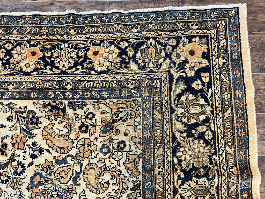 Antique Persian Rug 9x11, Wool Handmade 1920s Oriental Carpet, Persian Hamadan Anjelas Rug, Cream Black, Floral Allover Oriental Rug 9 x 11 Room Sized Rug