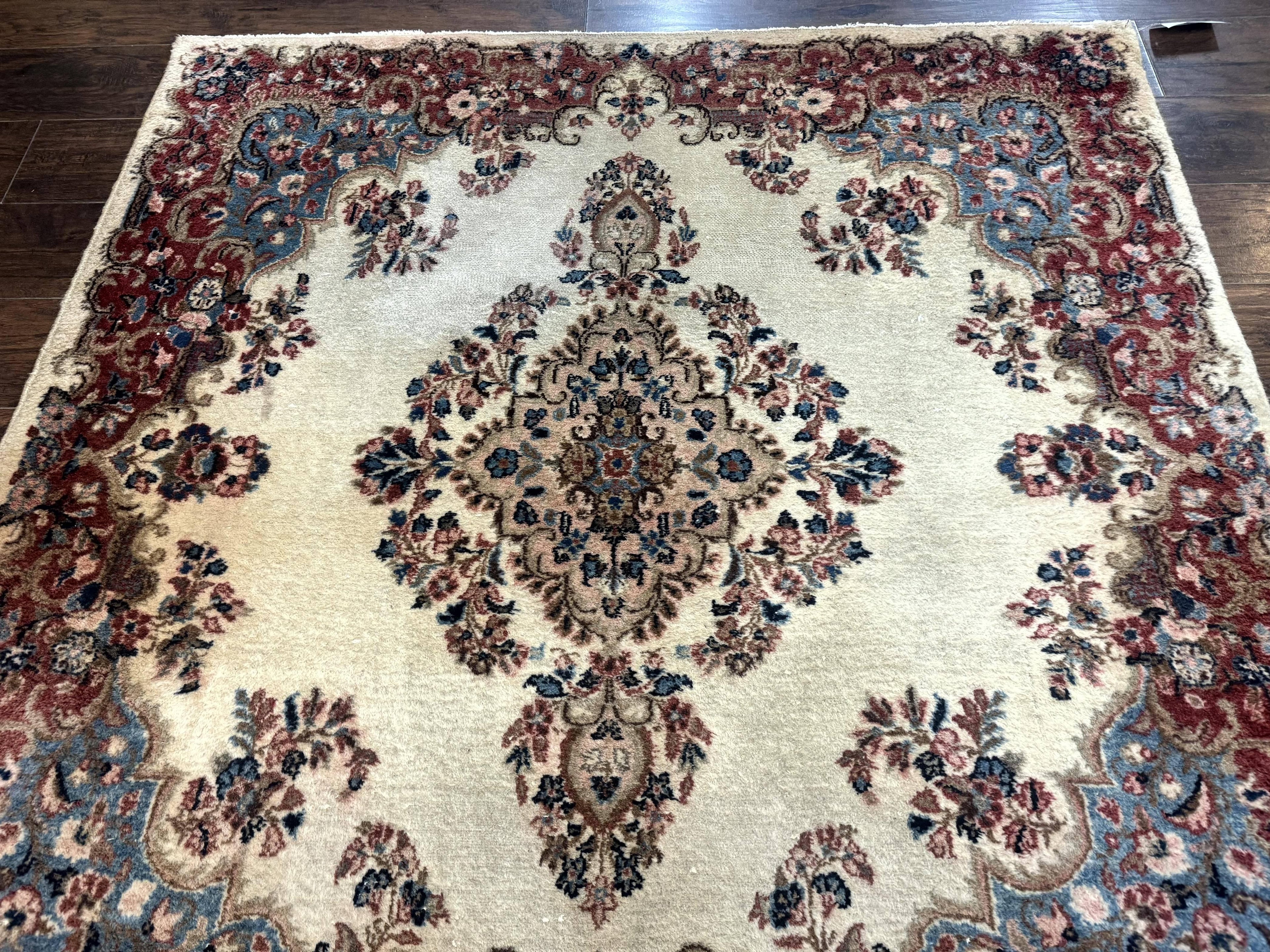 Square Persian Kerman Rug, Beige/Cream and Light Blue, Traditional Persian Rug, 5.5 x 5.5 ft