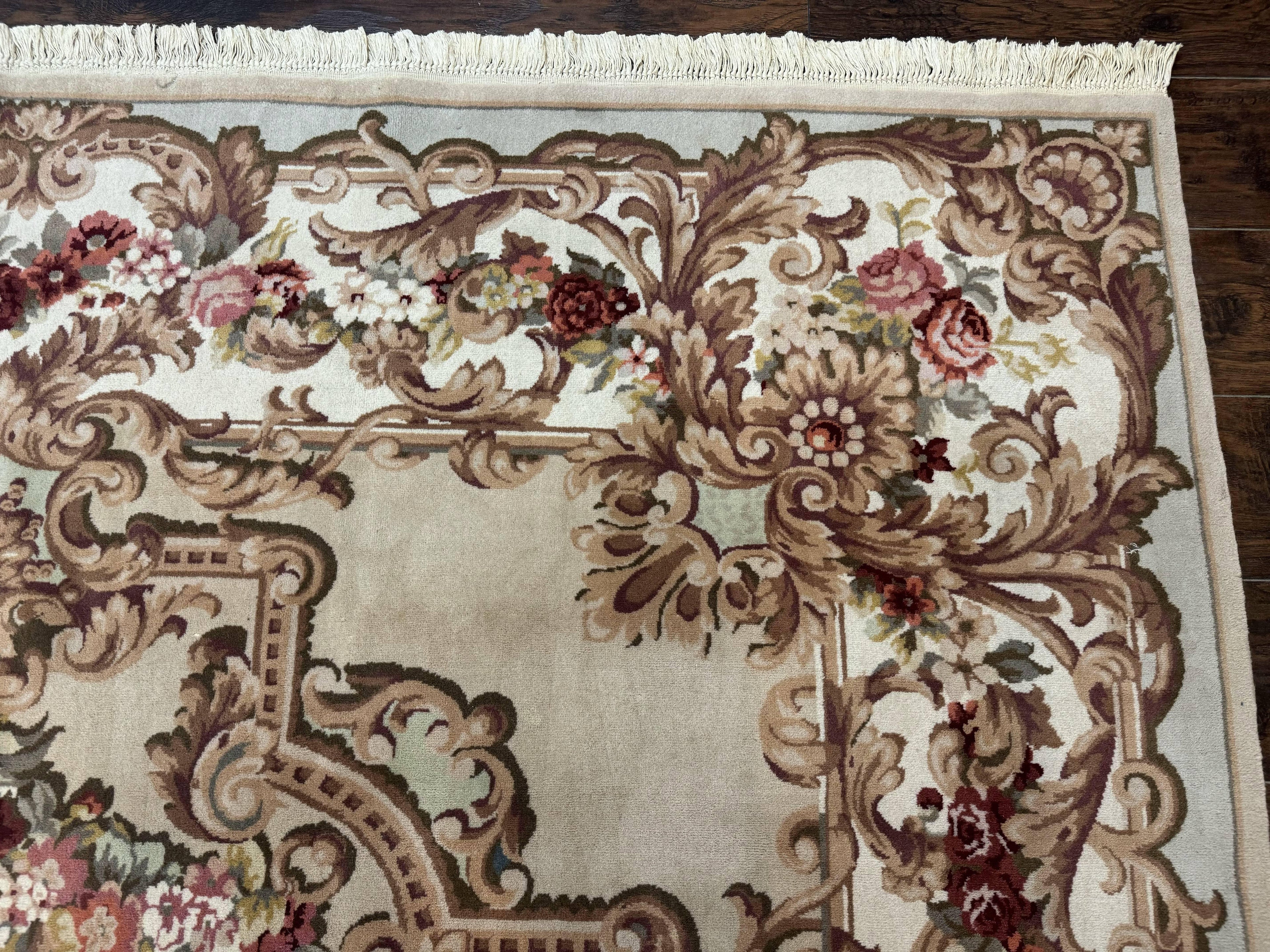 Aubusson Rug 8x12, European French Savonnerie Design, Thick Wool Pile, Elegant Rug, Cream Beige Light Green
