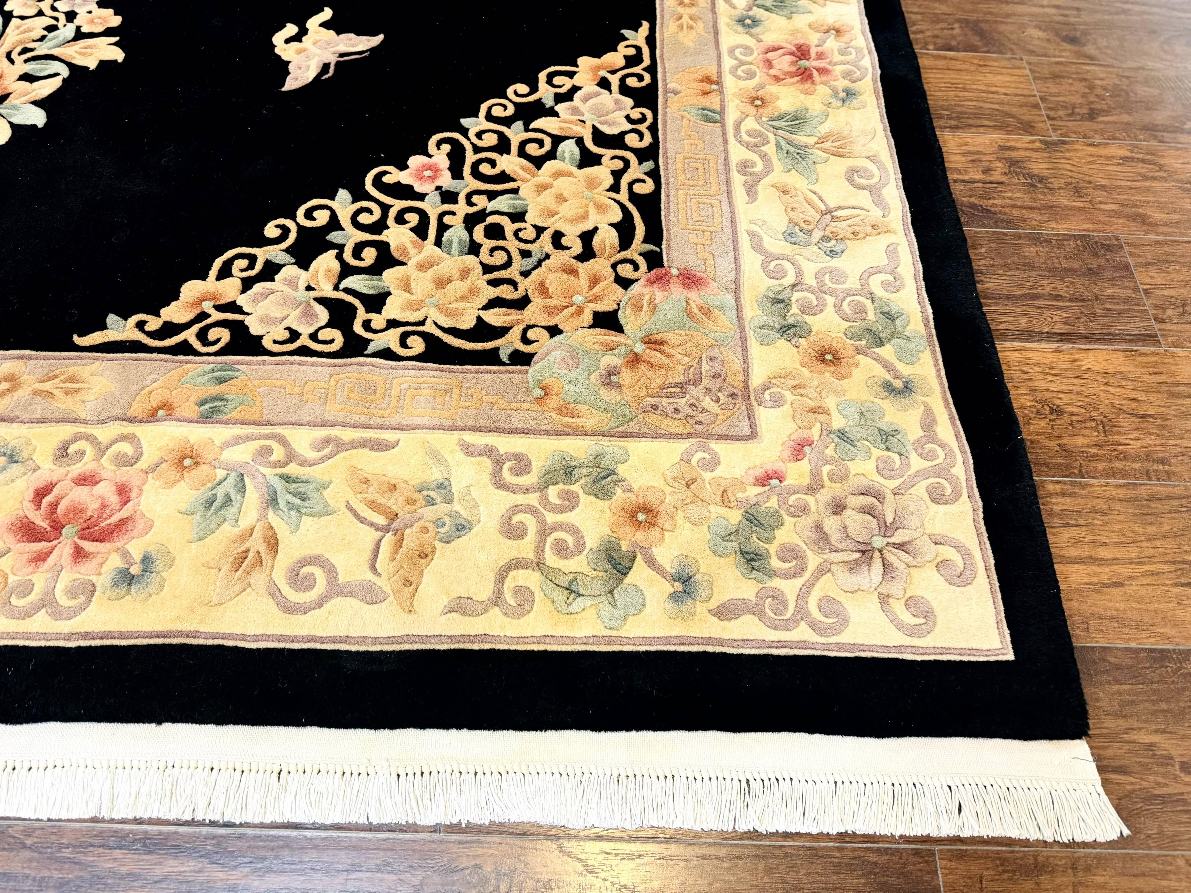 Chinese Wool Rug 9x12, Chinese Carving Carpet, Floral Medallion, Black and Beige, Butterflies, Vintage Asian Oriental Rug, 90 Line Rug