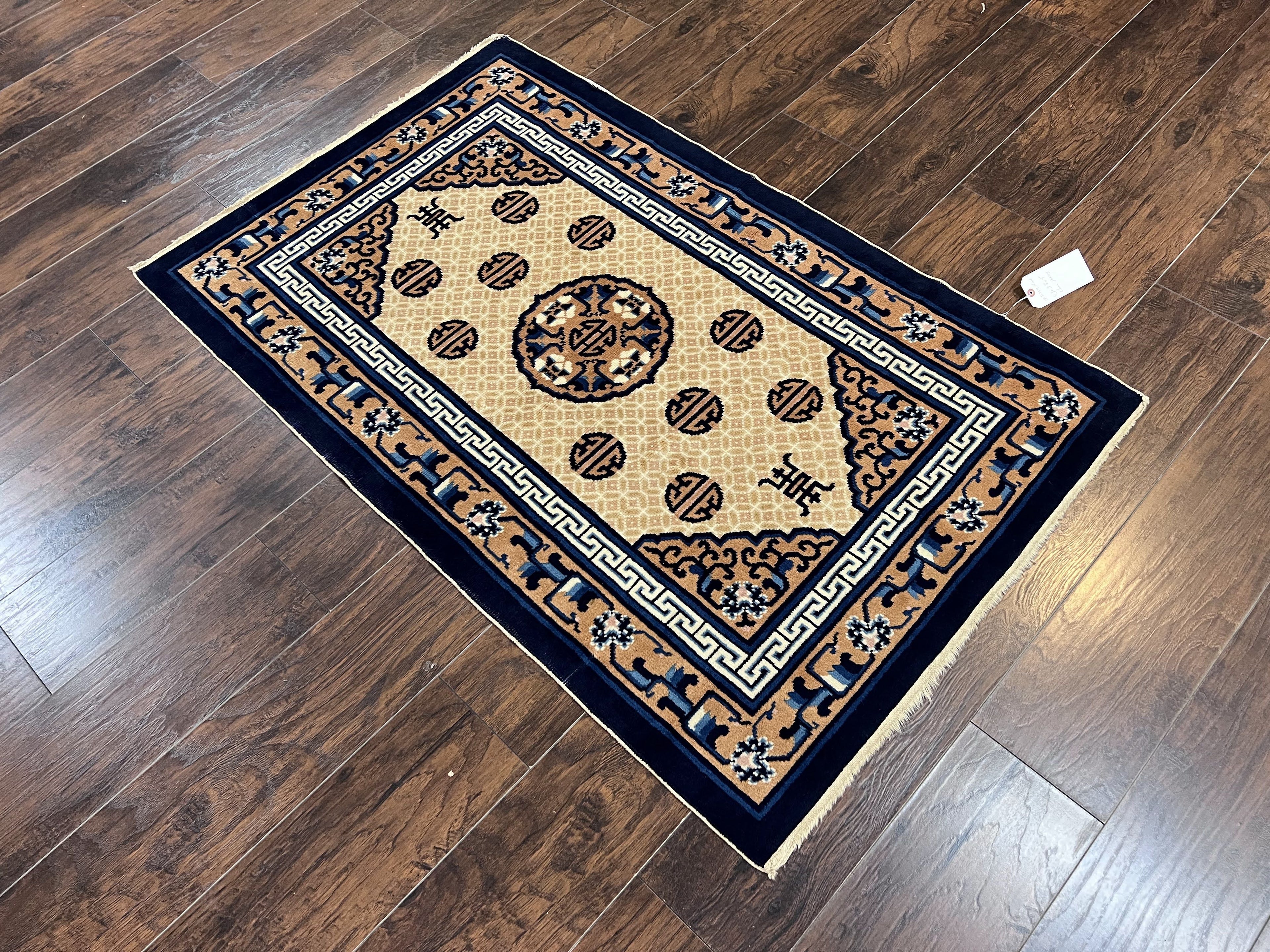 Chinese Peking Rug 3x5, Antique Chinese Art Deco Carpet, Blue Ivory Tan, Hand Knotted Wool Asian Oriental Rug 3 x 5 Vintage Small Peking Rug