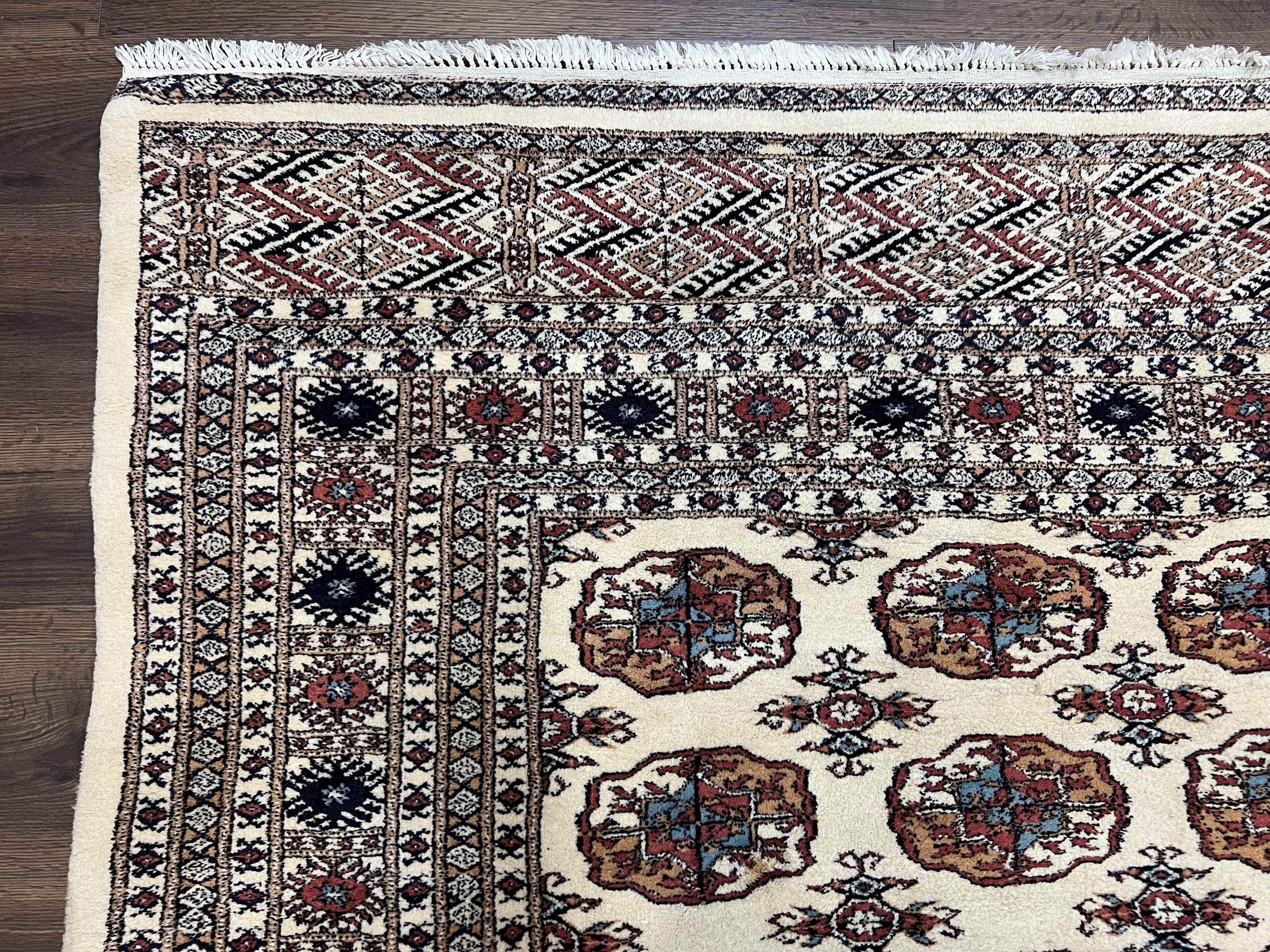 Pakistani Bokhara Rug 8x10, Wool Turkoman Carpet, Ivory/Cream