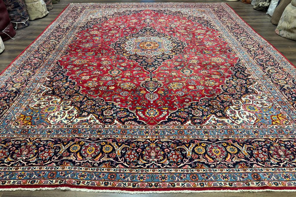 Large Persian Kashan Rug 11x14, Traditional Persian Carpet, Wool, Fine 250 KPSI, Red Navy Blue