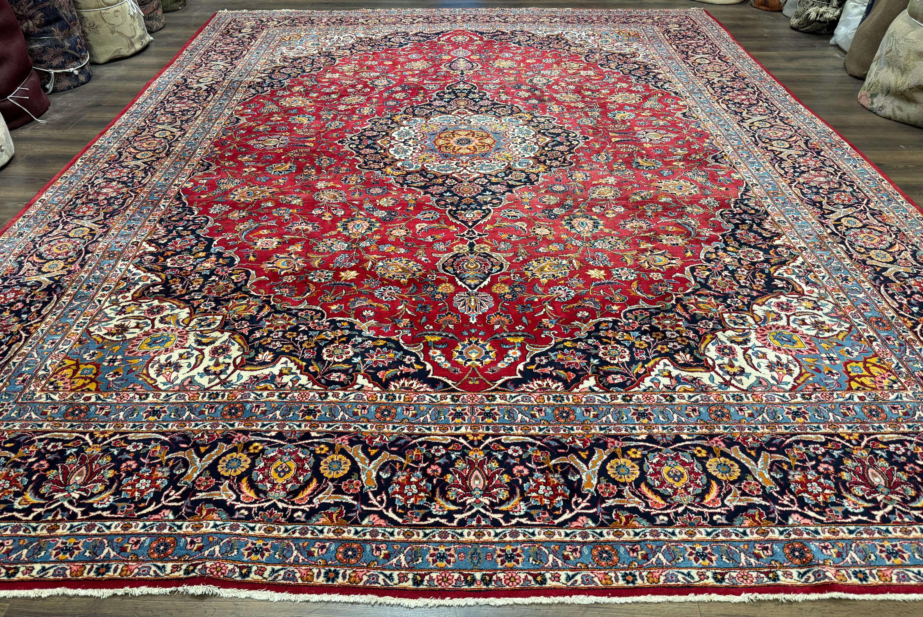Large Persian Kashan Rug 11x14, Traditional Persian Carpet, Wool, Fine 250 KPSI, Red Navy Blue