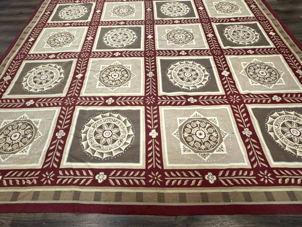 Needlepoint Rug 9x12, Panel Design, Burgundy Taupe, Elegant