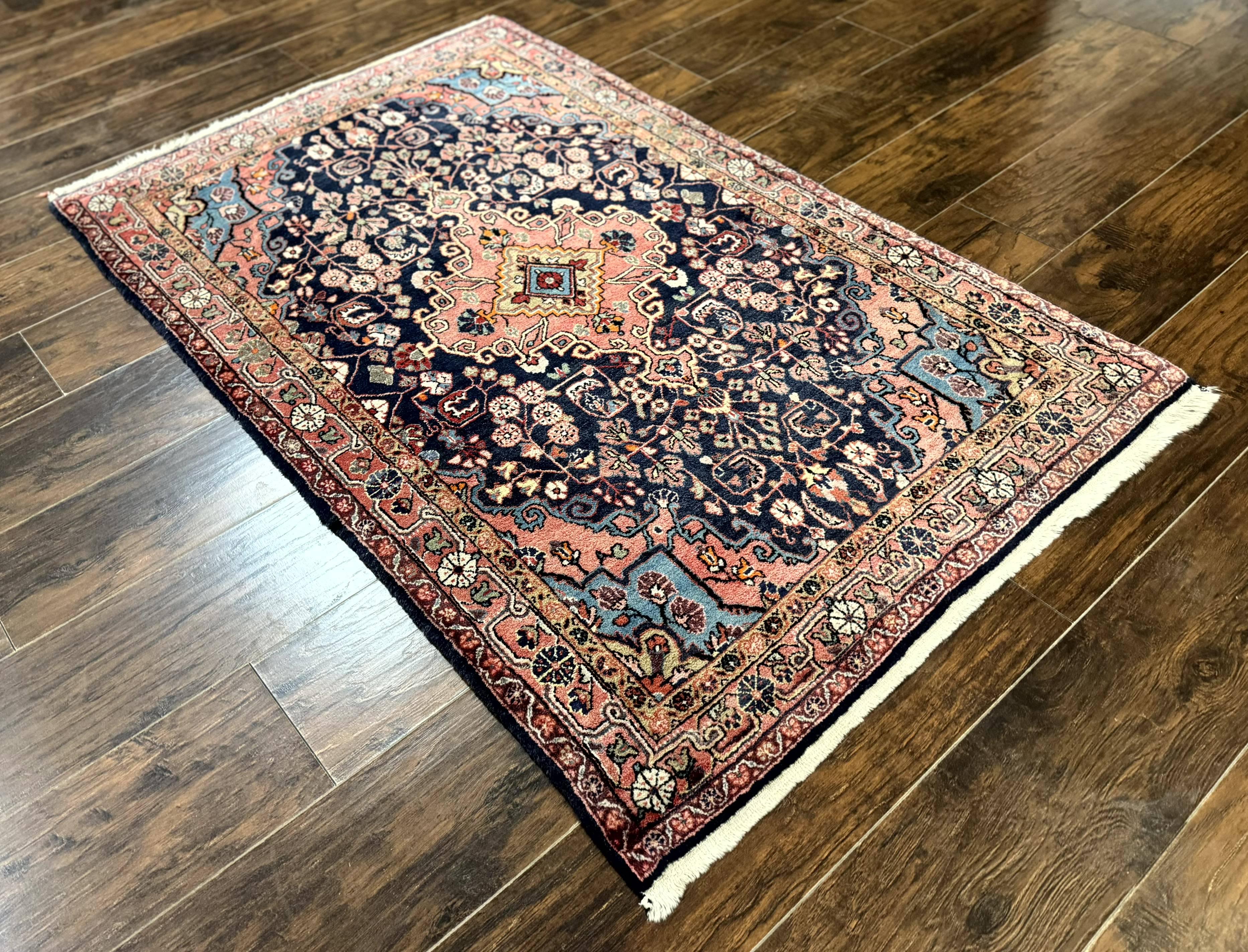 Persian Rug 3x5, Jozan Sarouk Rug, Navy Blue and Coral, Medallion Rug, Semi Antique