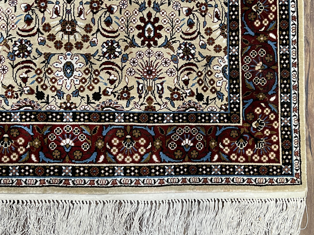 Fine Sino-Persian Silk Rug 3x5, High Quality Silk Carpet, Handmade Small Silk Rug, Allover Repeated Motif, Tan Maroon Blue Vintage Silk Rug