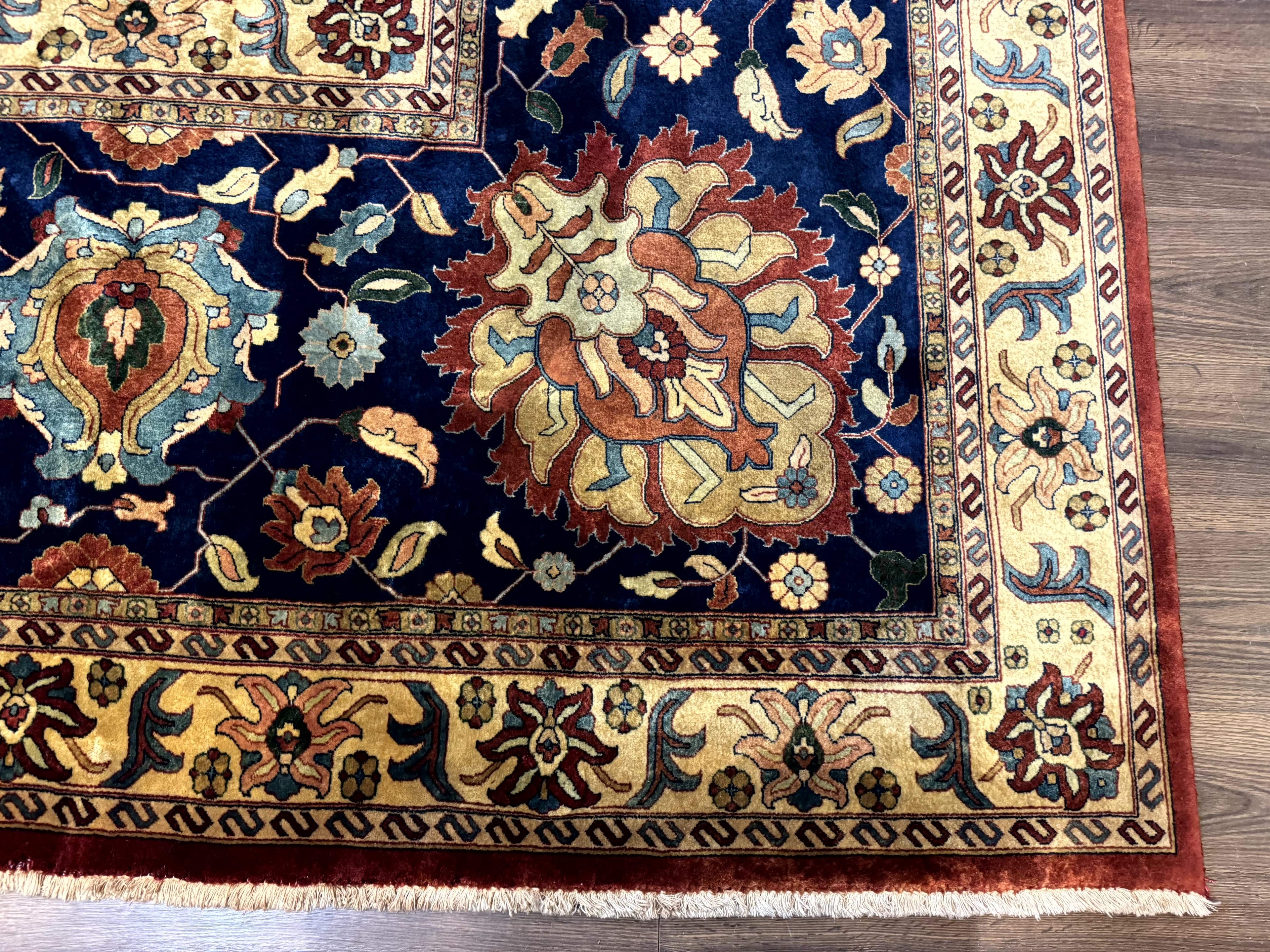 Palace Size Indo Persian Rug 12x15, Sultanabad Mahal Carpet, Red Navy Blue, Fine 210 KPSI