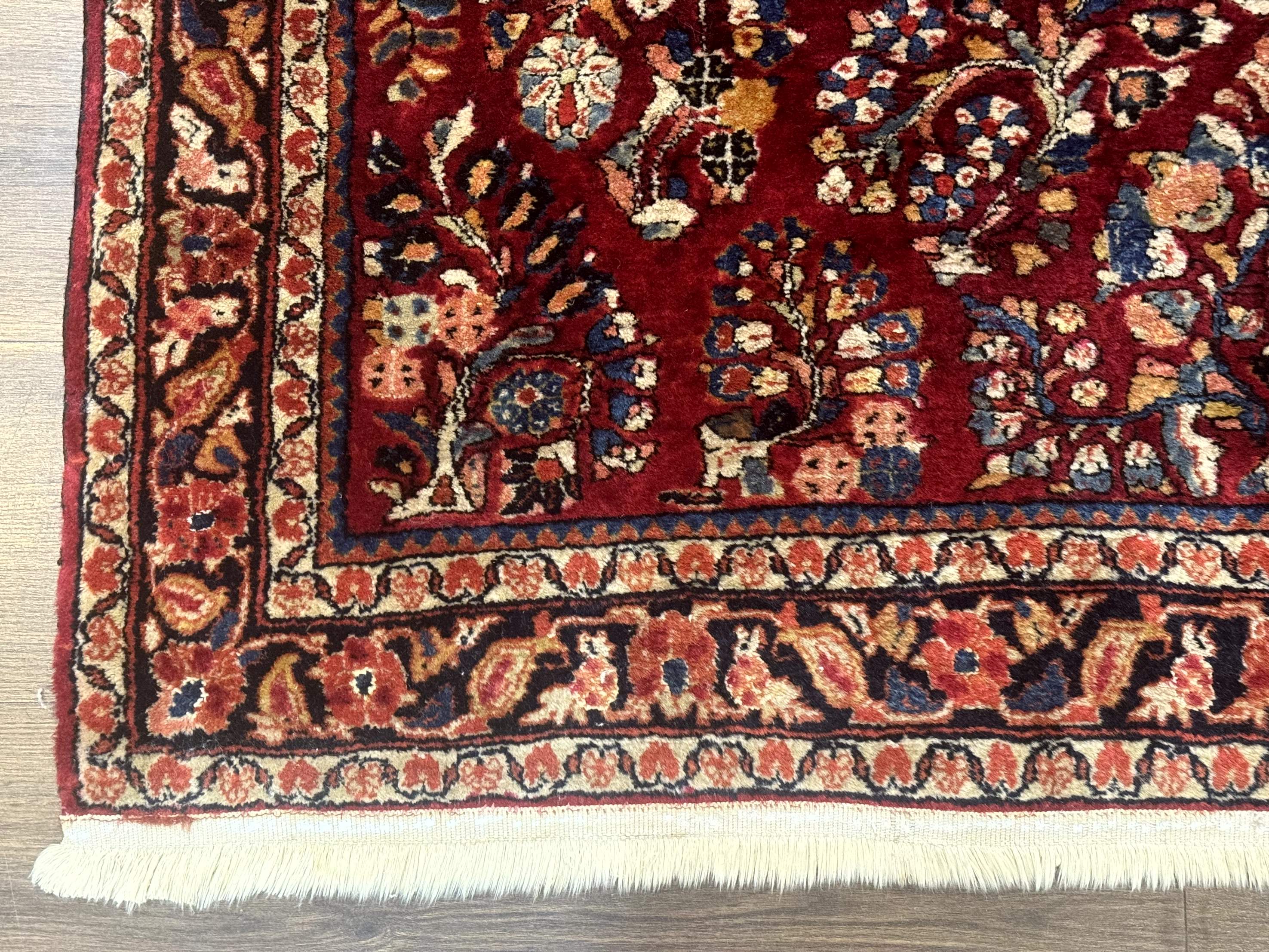 Antique Persian Sarouk Rug 4x6, Floral, Red, Wool Hand Knotted Fine 225 KPSI