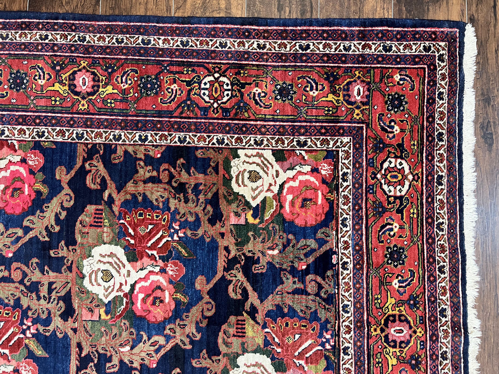 Persian Bidjar Rug 8x11, Floral Bouquets, Blue Black Red Pink, Handmade Hand Knotted Vintage Semi Antique Oriental Carpet